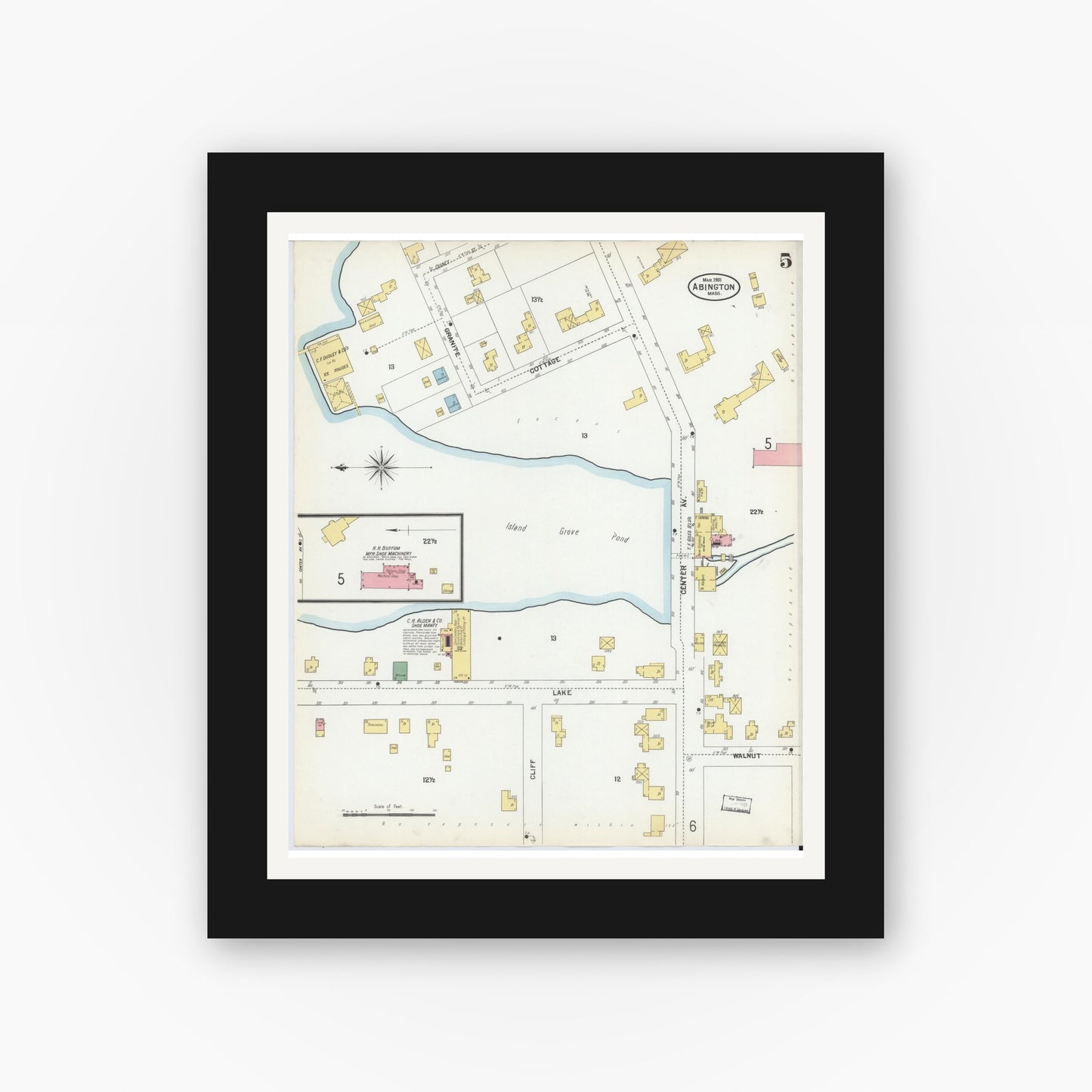 Old map wall art mockup — black gallery frame with white mat — Sanborn Fire Insurance Map from Abington, Plymouth County, Massachusetts (1901), Sheet #0005
