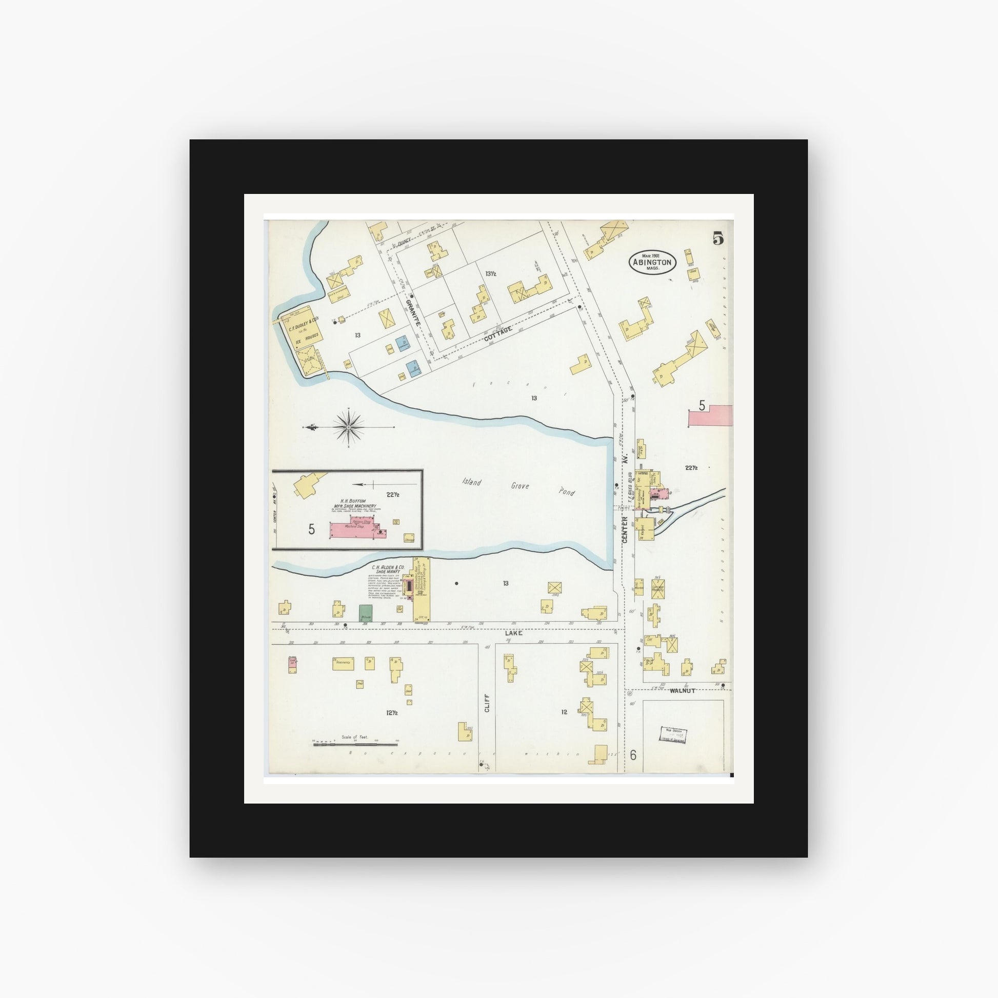 Old map wall art mockup — black gallery frame with white mat — Sanborn Fire Insurance Map from Abington, Plymouth County, Massachusetts (1901), Sheet #0005