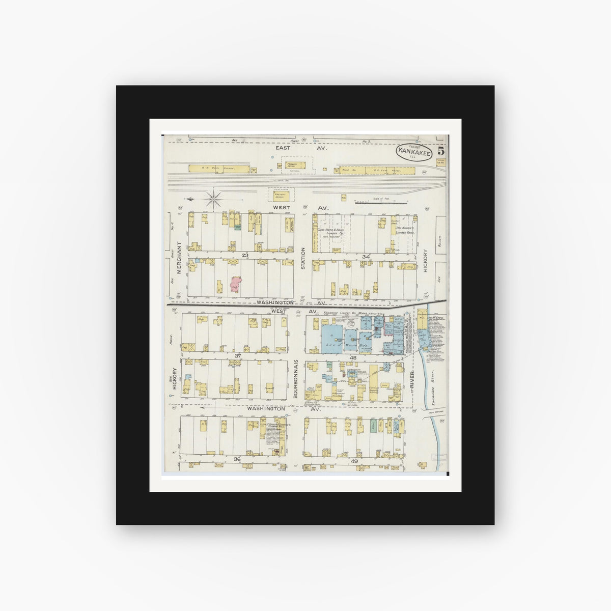 Old map wall art mockup — black gallery frame with white mat — Sanborn Fire Insurance Map from Kankakee, Kankakee County, Illinois (1887), Sheet #0005