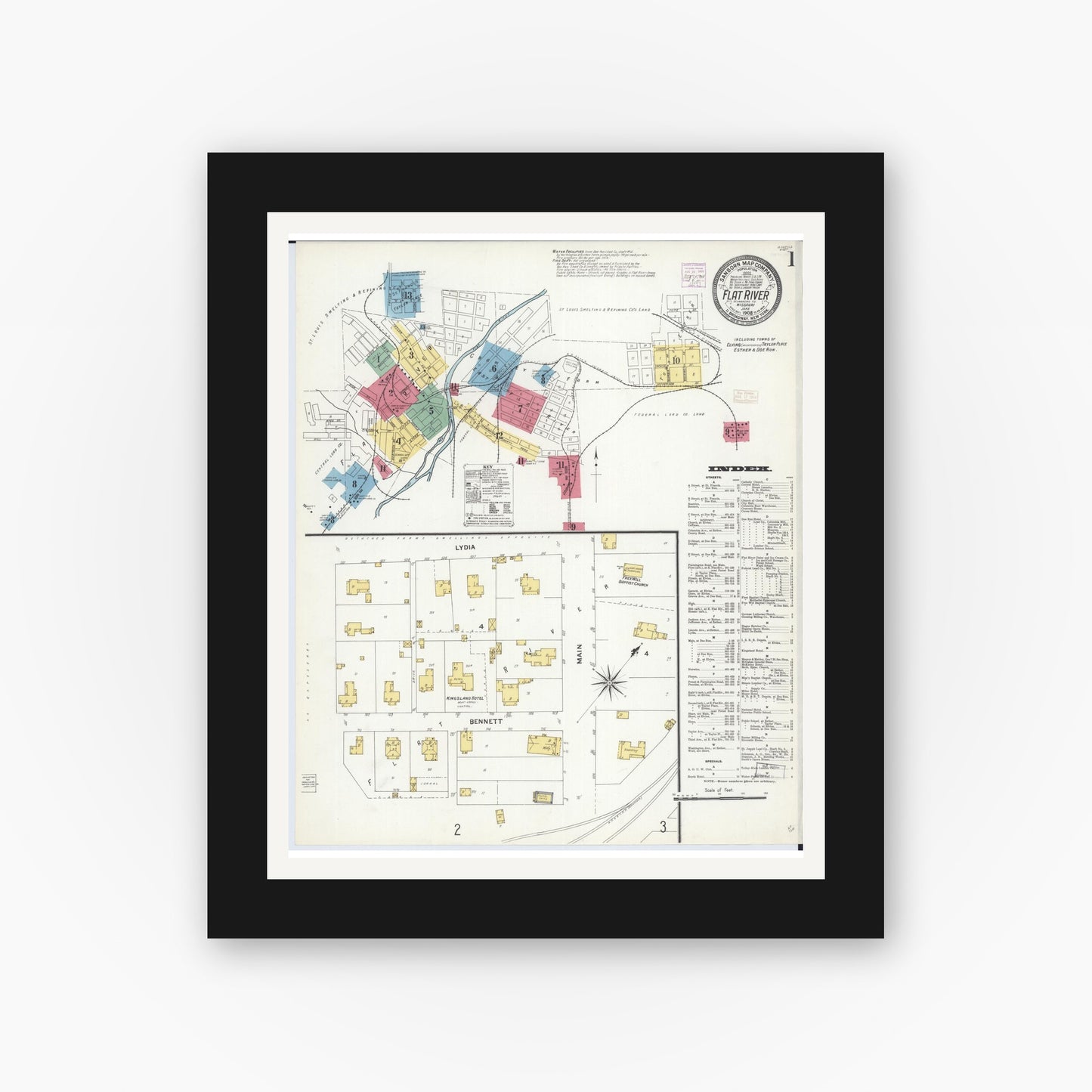Old map wall art mockup — black gallery frame with white mat — Sanborn Fire Insurance Map from Flat River, Saint Francois County, Missouri (1908) - Complete Map Set
