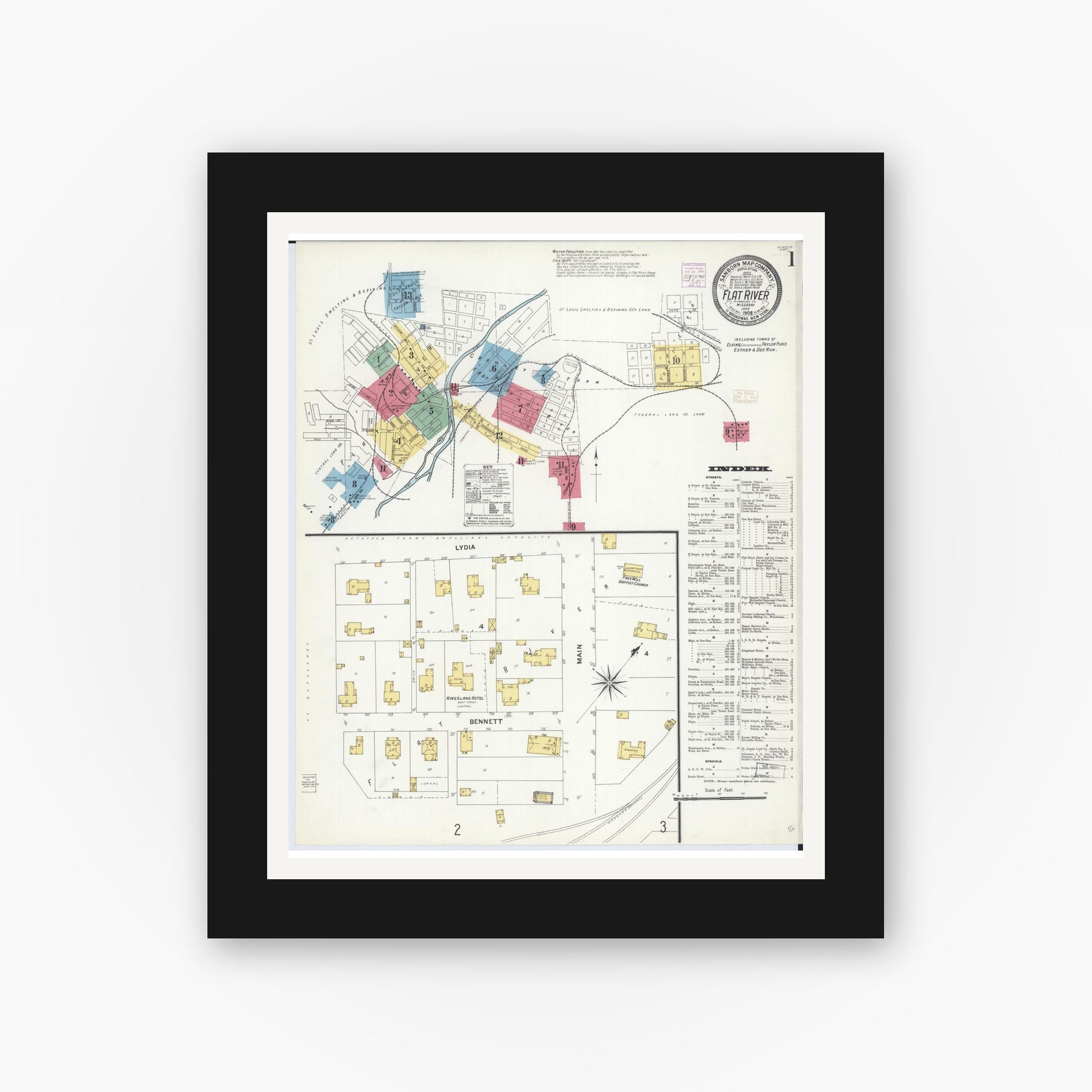 Old map wall art mockup — black gallery frame with white mat — Sanborn Fire Insurance Map from Flat River, Saint Francois County, Missouri (1908) - Complete Map Set