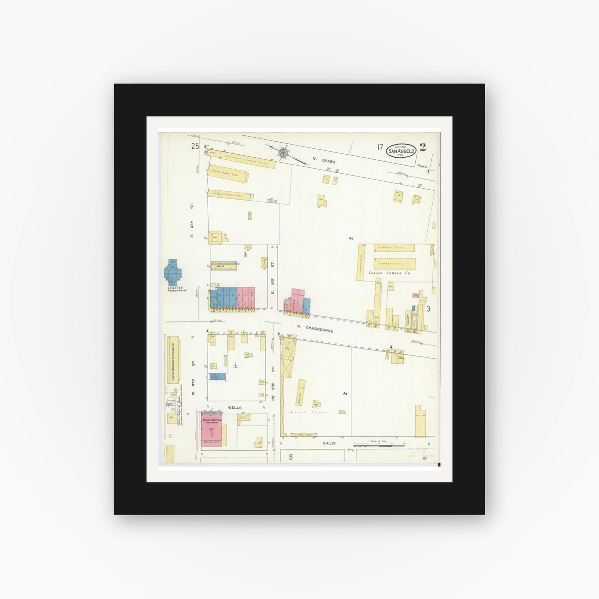 Old map wall art mockup — black gallery frame with white mat — Sanborn Fire Insurance Map from San Angelo, Tom Green County, Texas (1913), Sheet #0002