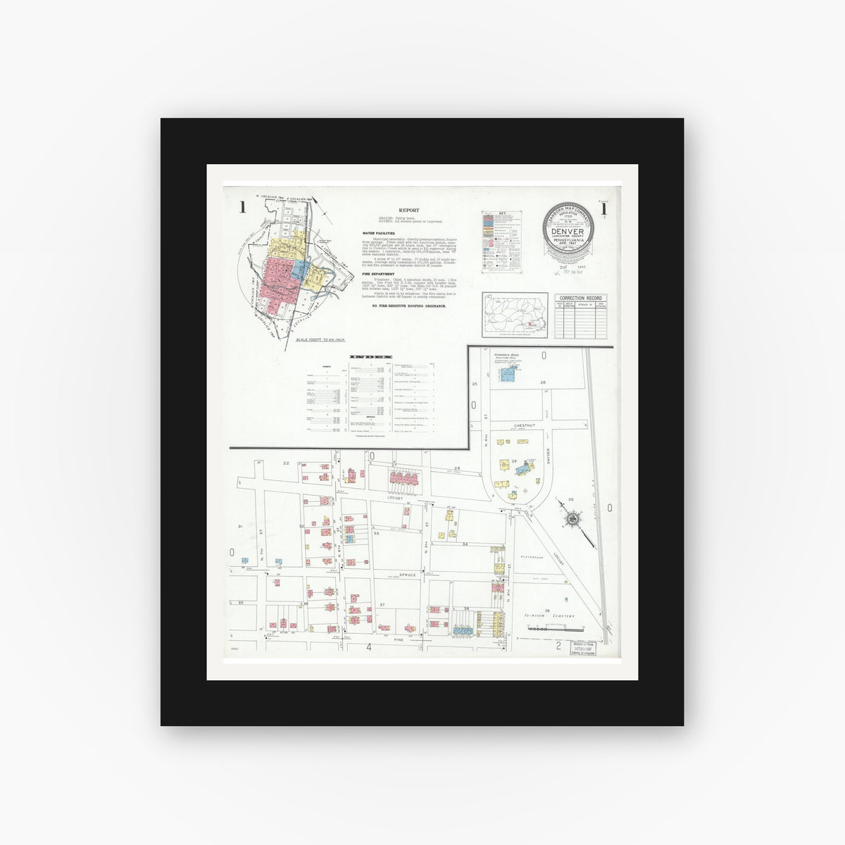 Old map wall art mockup — black gallery frame with white mat — Sanborn Fire Insurance Map from Denver, Lancaster County, Pennsylvania (1947), Sheet #0001