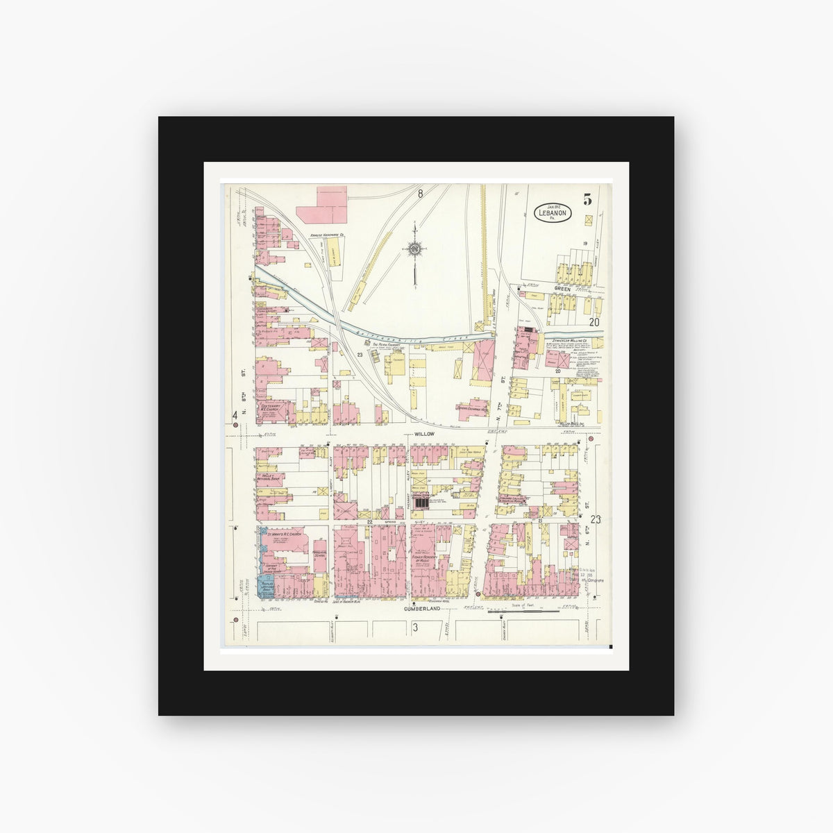 Old map wall art mockup — black gallery frame with white mat — Sanborn Fire Insurance Map from Lebanon, Lebanon County, Pennsylvania (1912), Sheet #0005