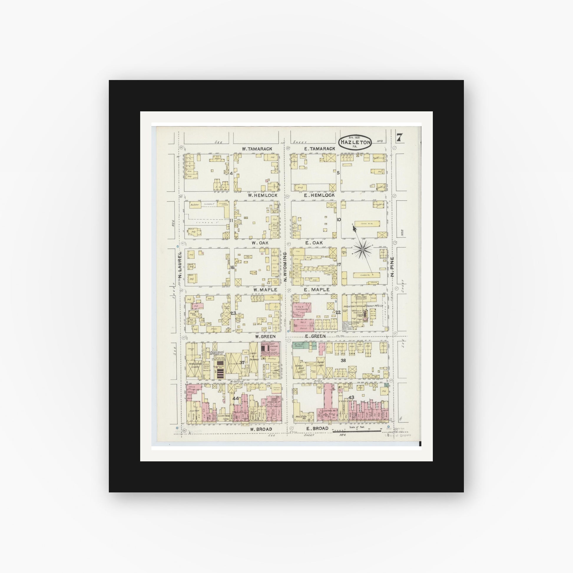 Old map wall art mockup — black gallery frame with white mat — Sanborn Fire Insurance Map from Hazleton, Luzerne County, Pennsylvania (1891), Sheet #0007