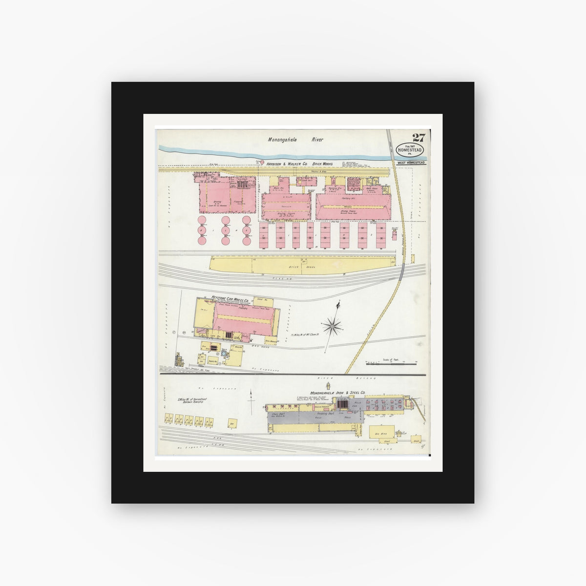 Old map wall art mockup — black gallery frame with white mat — Sanborn Fire Insurance Map from Homestead, Allegheny County, Pennsylvania (1907), Sheet #0027
