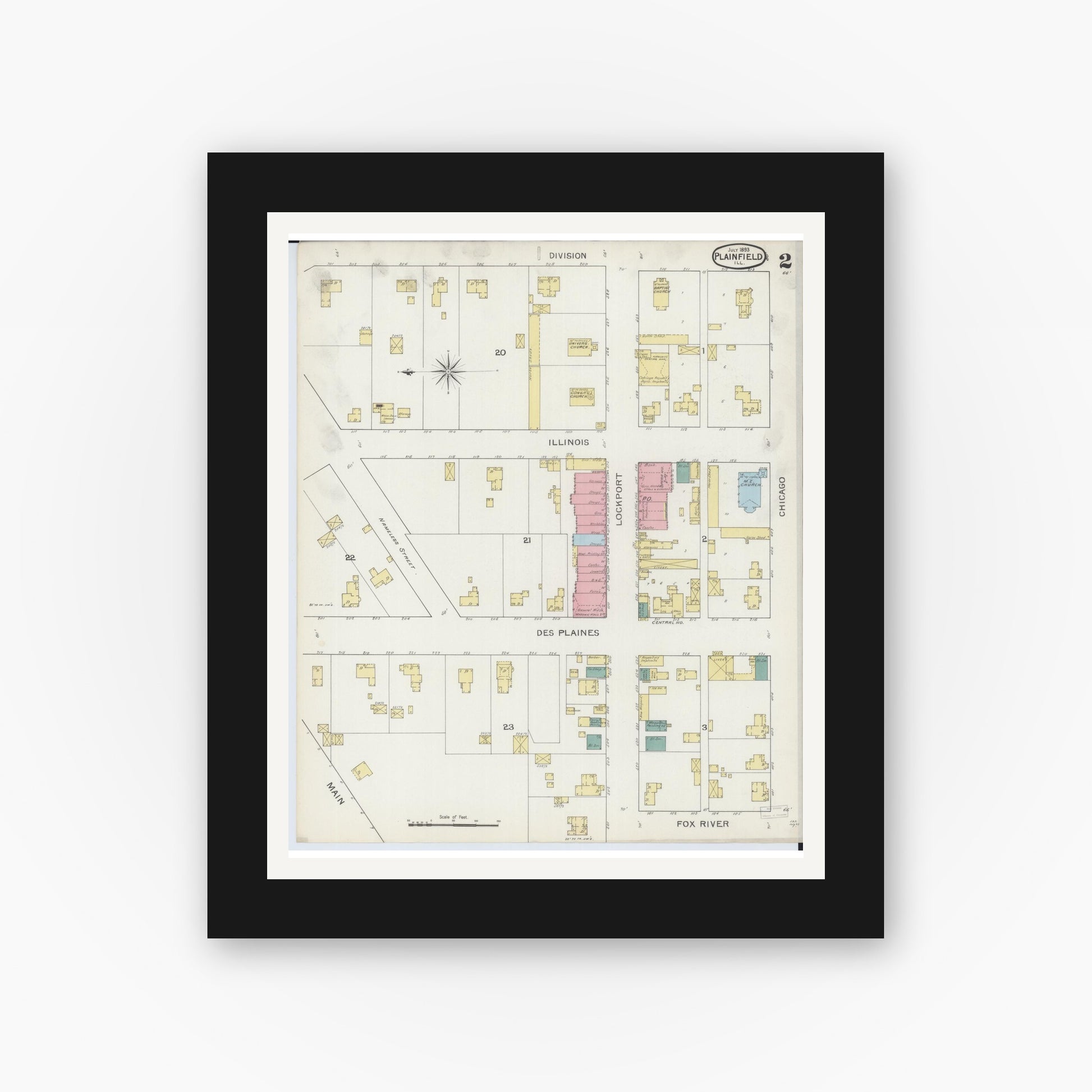 Old map wall art mockup — black gallery frame with white mat — Sanborn Fire Insurance Map from Plainfield, Will County, Illinois (1893), Sheet #0002