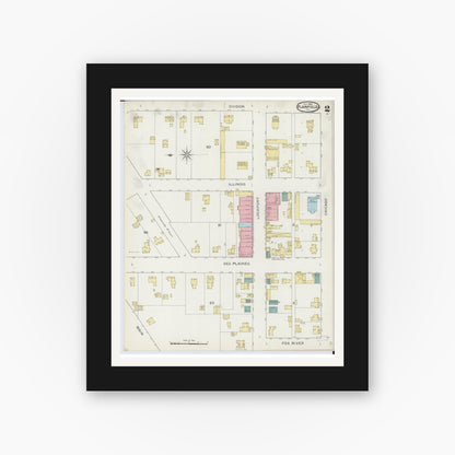 Old map wall art mockup — black gallery frame with white mat — Sanborn Fire Insurance Map from Plainfield, Will County, Illinois (1893), Sheet #0002