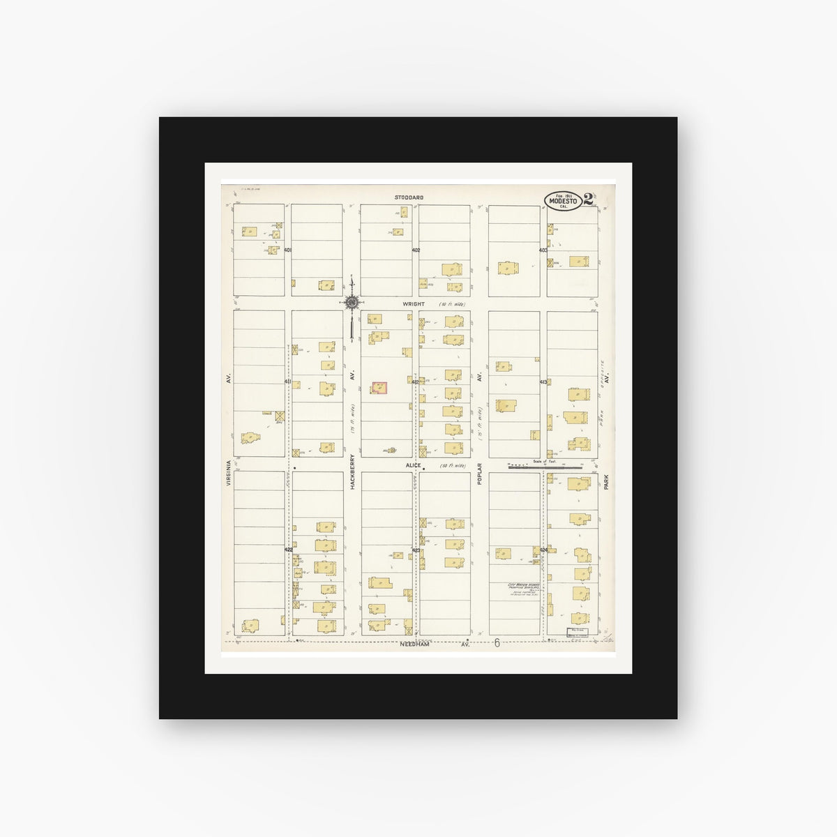 Old map wall art mockup — black gallery frame with white mat — Sanborn Fire Insurance Map from Modesto, Stanislaus County, California (1911), Sheet #0002