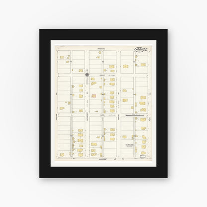 Old map wall art mockup — black gallery frame with white mat — Sanborn Fire Insurance Map from Modesto, Stanislaus County, California (1911), Sheet #0002