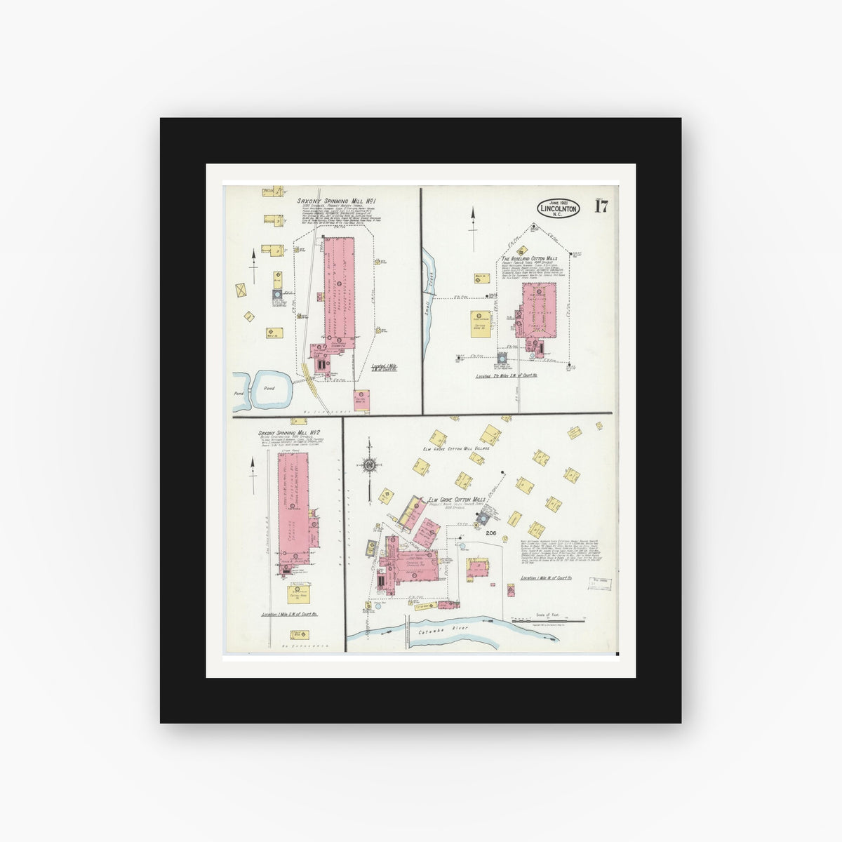 Old map wall art mockup — black gallery frame with white mat — Sanborn Fire Insurance Map from Lincolnton, Lincoln County, North Carolina (1921), Sheet #0017