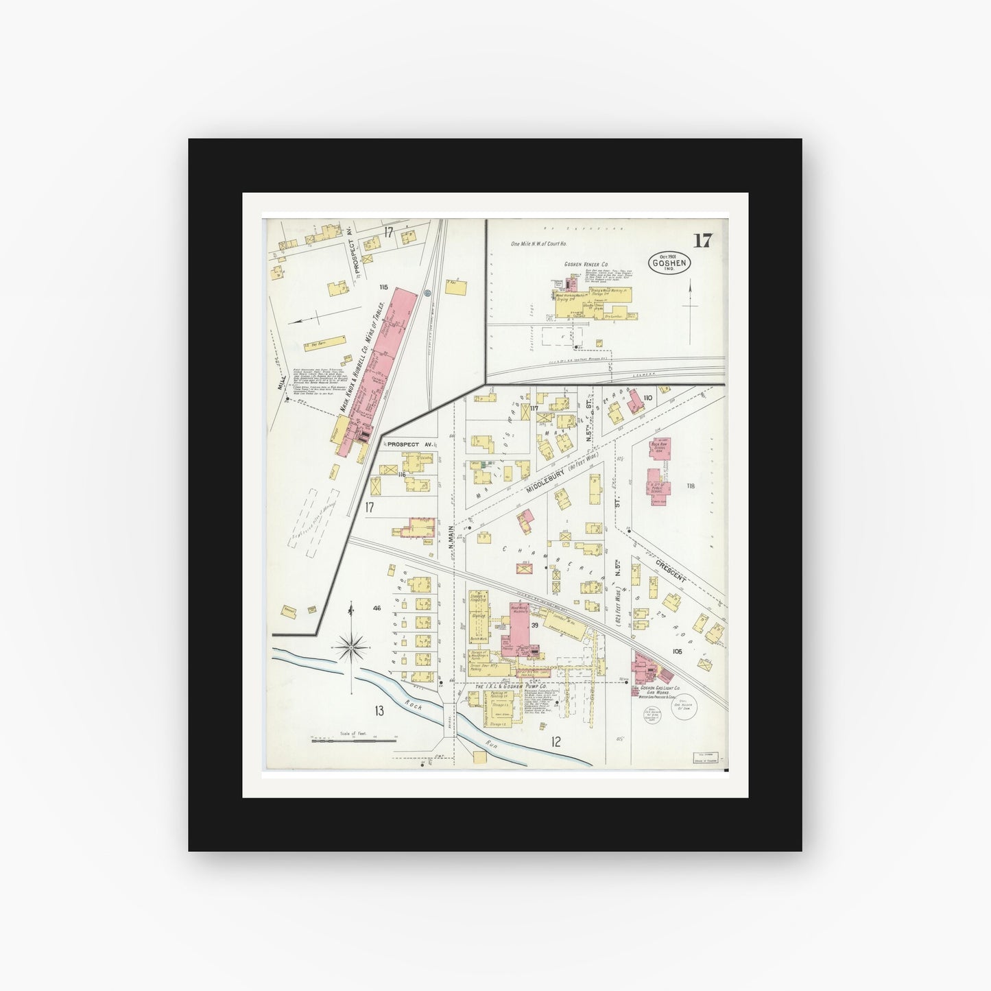 Old map wall art mockup — black gallery frame with white mat — Sanborn Fire Insurance Map from Goshen, Elkhart County, Indiana (1901), Sheet #0017