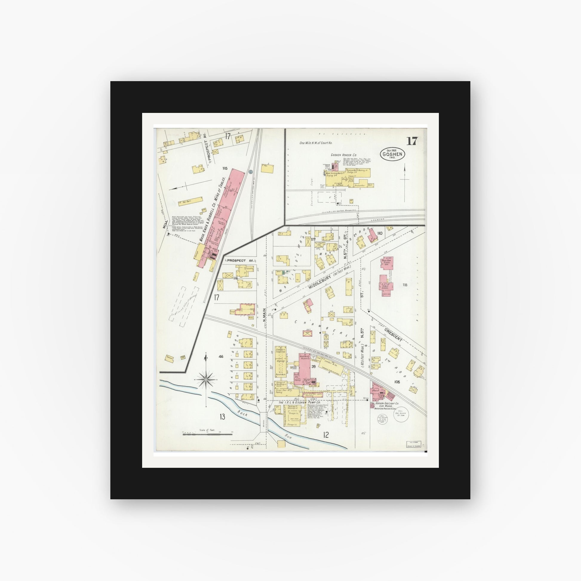 Old map wall art mockup — black gallery frame with white mat — Sanborn Fire Insurance Map from Goshen, Elkhart County, Indiana (1901), Sheet #0017