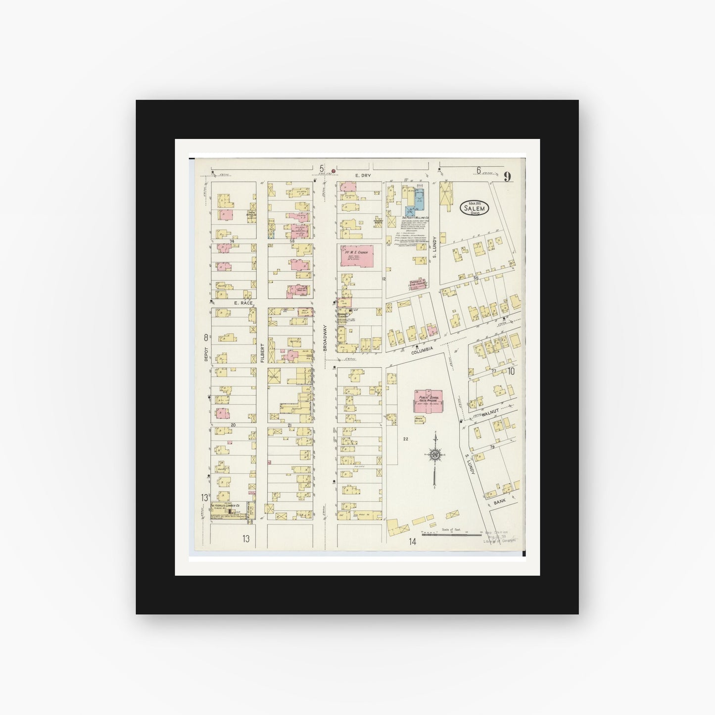 Old map wall art mockup — black gallery frame with white mat — Sanborn Fire Insurance Map from Salem, Columbiana County, Ohio (1915), Sheet #0009