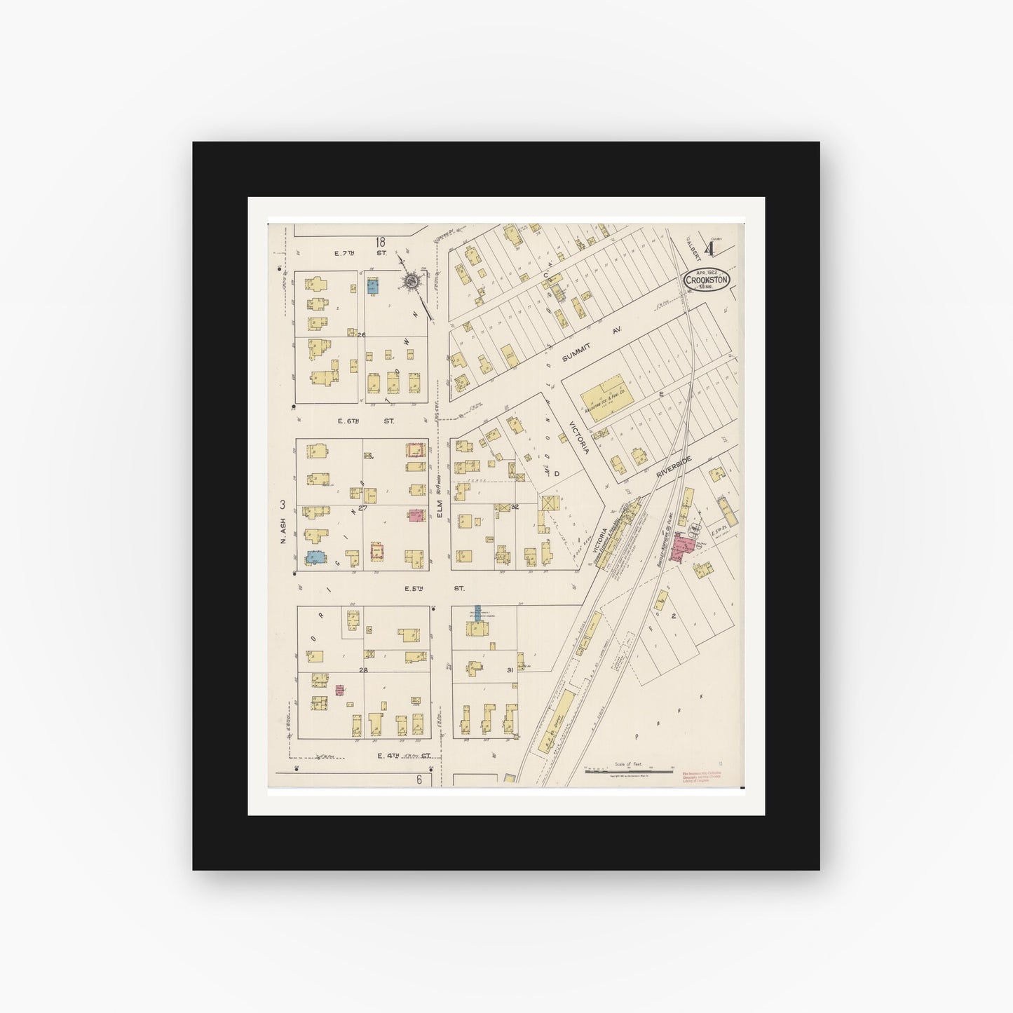 Old map wall art mockup — black gallery frame with white mat — Sanborn Fire Insurance Map from Crookston, Polk County, Minnesota (1922), Sheet #0004