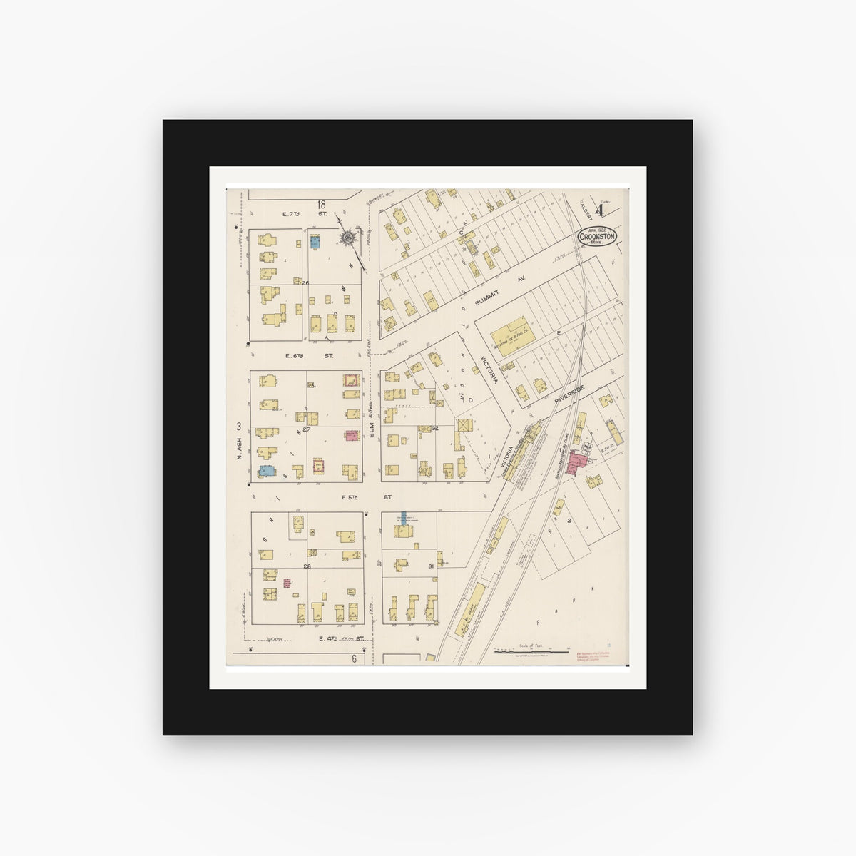 Old map wall art mockup — black gallery frame with white mat — Sanborn Fire Insurance Map from Crookston, Polk County, Minnesota (1922), Sheet #0004
