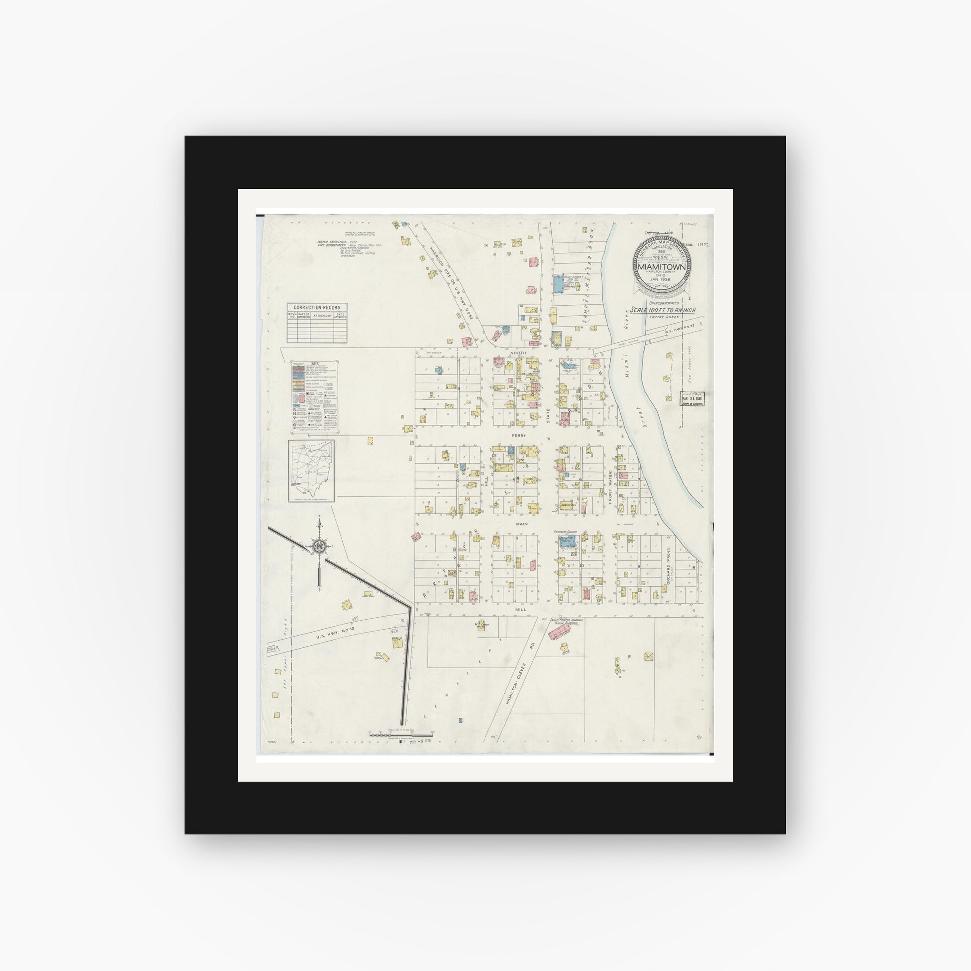 Old map wall art mockup — black gallery frame with white mat — Sanborn Fire Insurance Map from Miamitown, Hamilton County, Ohio (1938), Sheet #0001