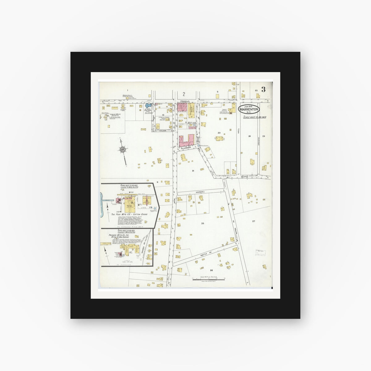 Old map wall art mockup — black gallery frame with white mat — Sanborn Fire Insurance Map from Warrenton, Warren County, North Carolina (1918), Sheet #0003