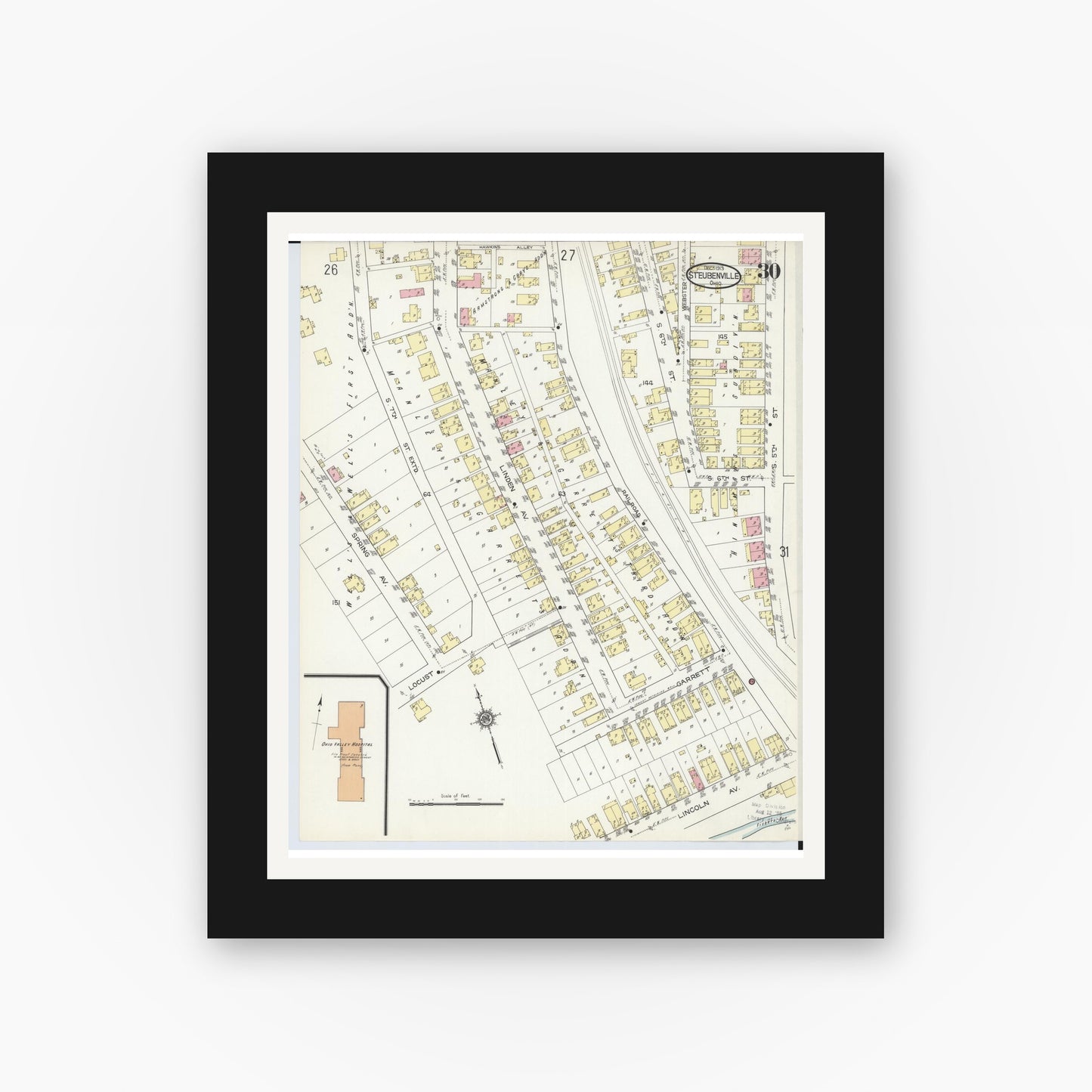 Old map wall art mockup — black gallery frame with white mat — Sanborn Fire Insurance Map from Steubenville, Jefferson County, Ohio (1913), Sheet #0030