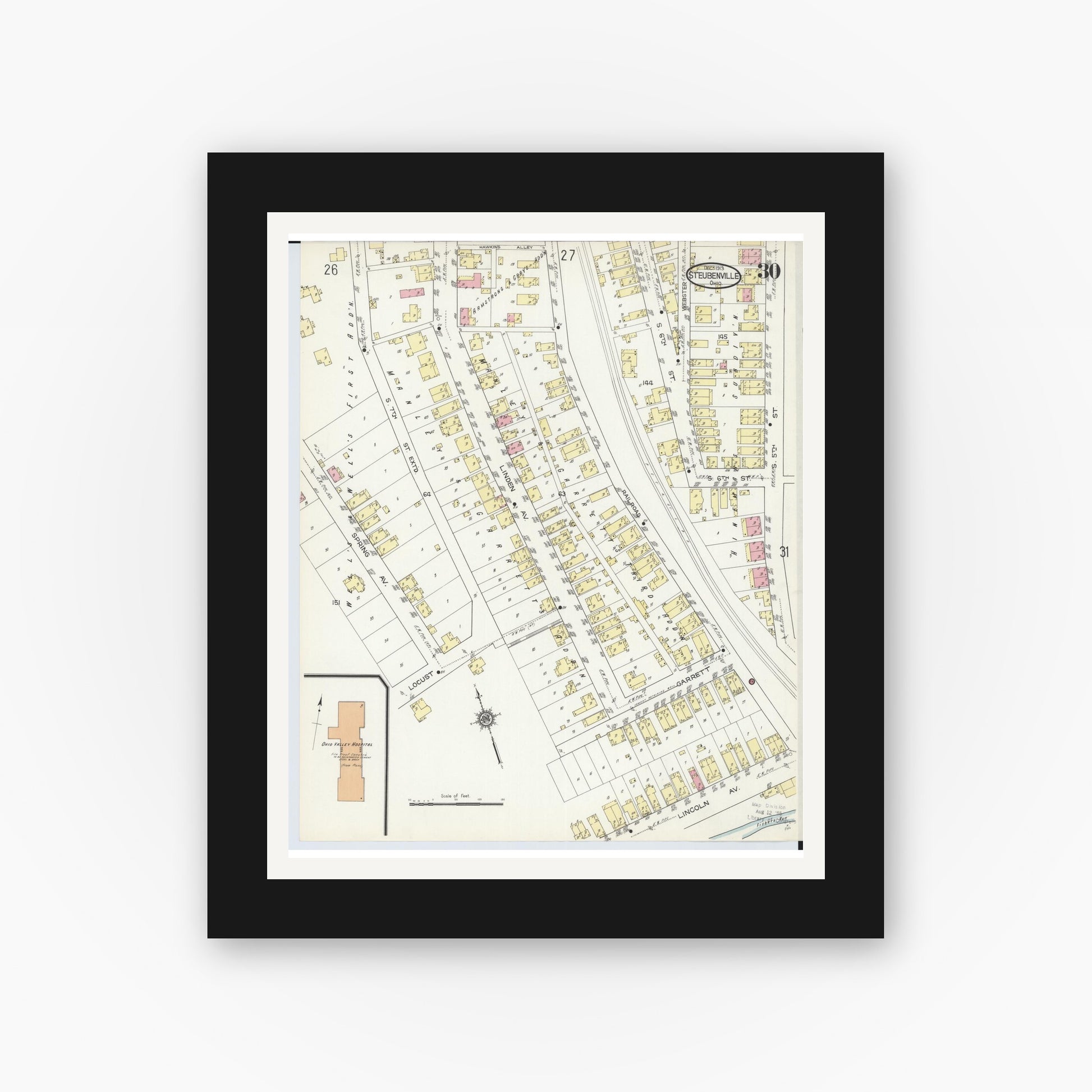 Old map wall art mockup — black gallery frame with white mat — Sanborn Fire Insurance Map from Steubenville, Jefferson County, Ohio (1913), Sheet #0030