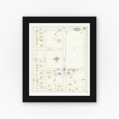 Old map wall art mockup — black gallery frame with white mat — Sanborn Fire Insurance Map from Gainesville, Cooke County, Texas (1913), Sheet #0021