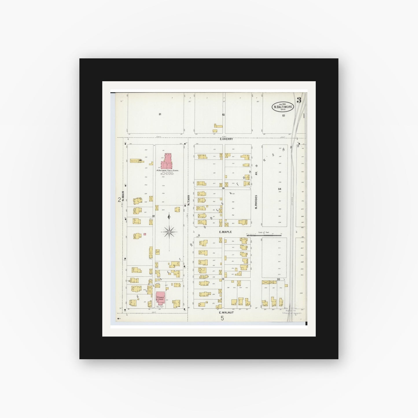 Old map wall art mockup — black gallery frame with white mat — Sanborn Fire Insurance Map from North Baltimore, Wood County, Ohio (1900), Sheet #0003