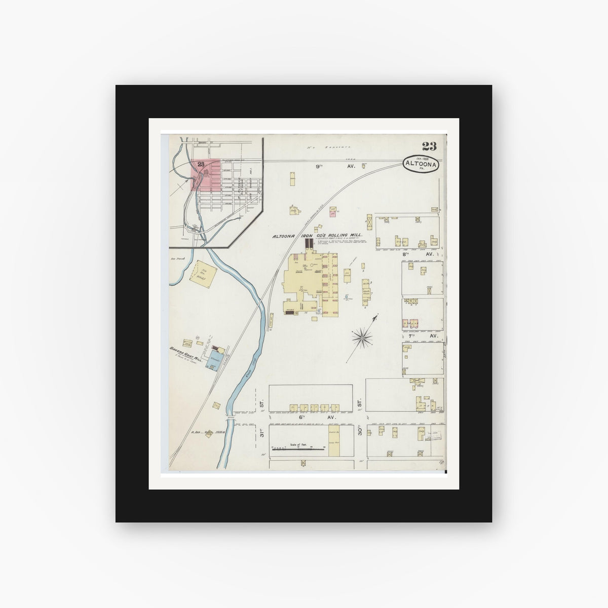 Old map wall art mockup — black gallery frame with white mat — Sanborn Fire Insurance Map from Altoona, Blair County, Pennsylvania (1888), Sheet #0023