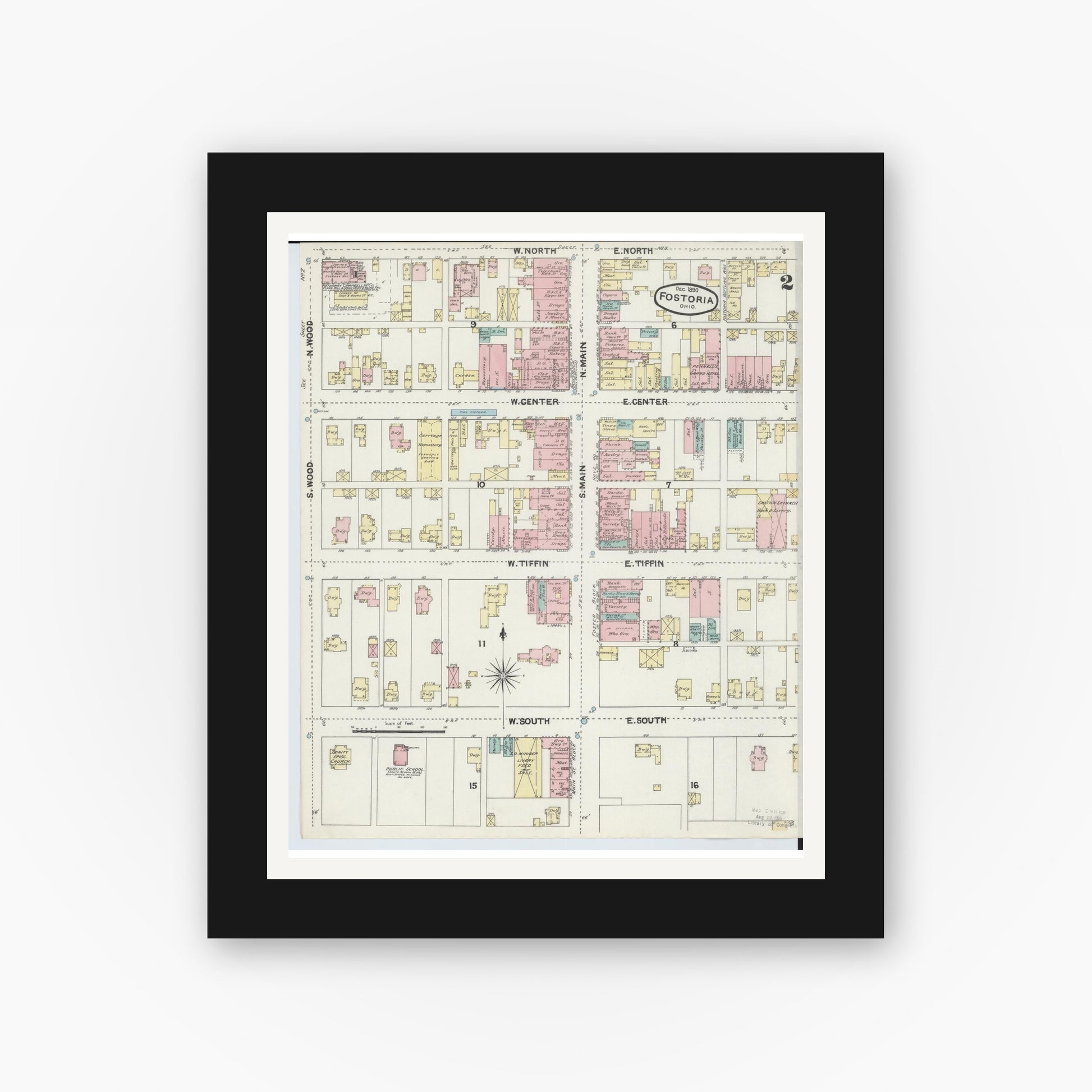 Old map wall art mockup — black gallery frame with white mat — Sanborn Fire Insurance Map from Fostoria, Seneca, Hancock, And Wood Counties, Ohio (1891), Sheet #0002
