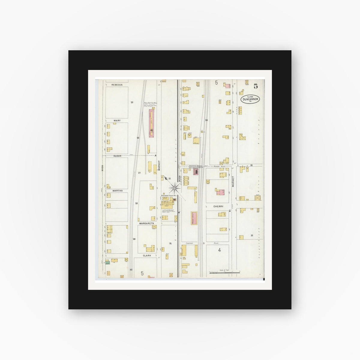 Old map wall art mockup — black gallery frame with white mat — Sanborn Fire Insurance Map from Duncannon, Perry County, Pennsylvania (1899), Sheet #0005
