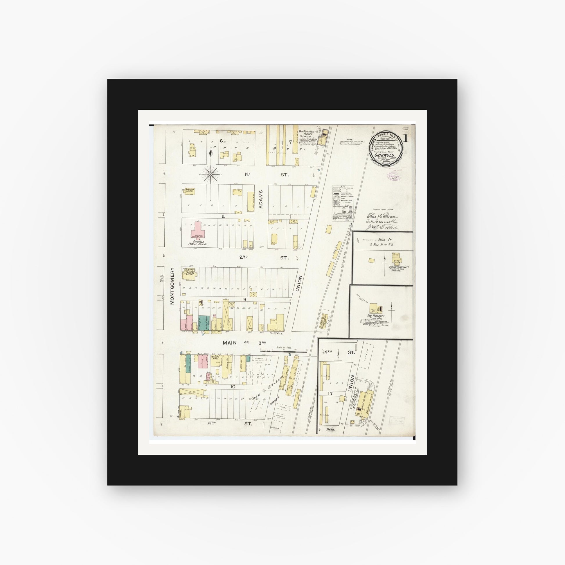 Old map wall art mockup — black gallery frame with white mat — Sanborn Fire Insurance Map from Griswold, Cass County, Iowa (1894), Sheet #0001