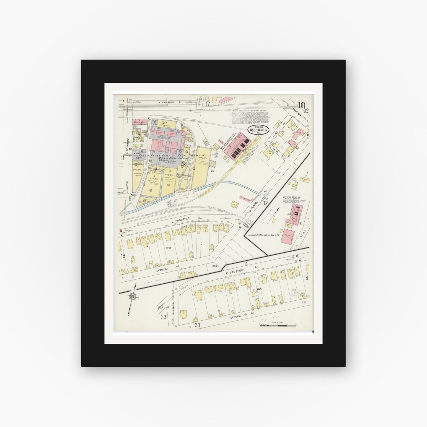 Old map wall art mockup — black gallery frame with white mat — Sanborn Fire Insurance Map from Washington, Washington County, Pennsylvania (1914), Sheet #0018