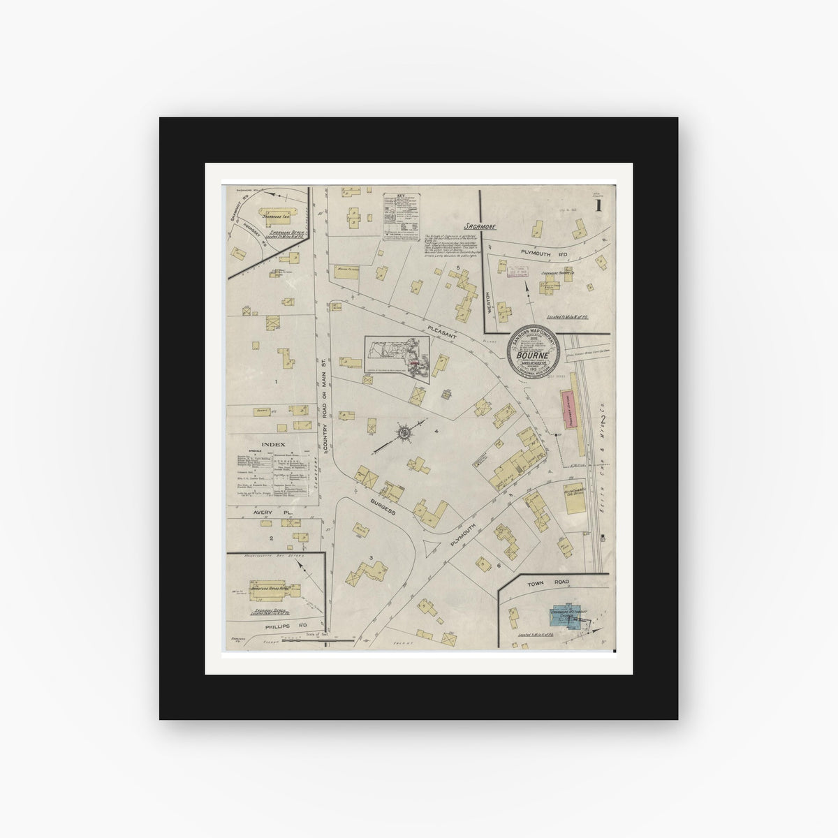 Old map wall art mockup — black gallery frame with white mat — Sanborn Fire Insurance Map from Bourne, Barnstable County, Massachusetts (1913), Sheet #0001