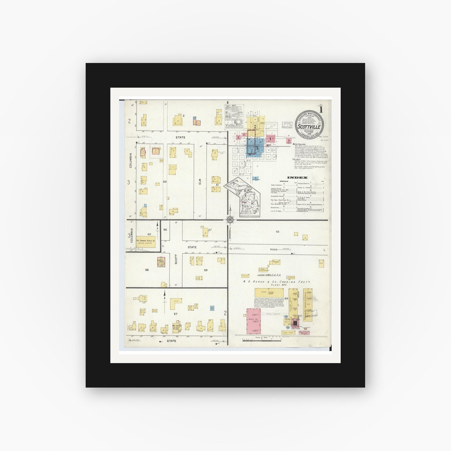 Old map wall art mockup — black gallery frame with white mat — Sanborn Fire Insurance Map from Scottville, Mason County, Michigan (1916) - Complete Map Set