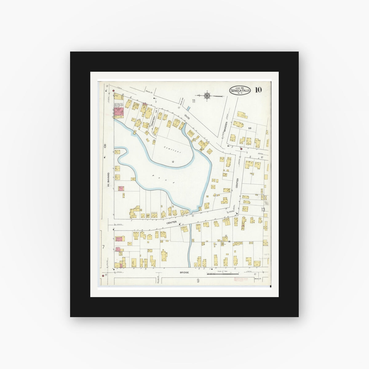 Old map wall art mockup — black gallery frame with white mat — Sanborn Fire Insurance Map from Seneca Falls, Seneca County, New York (1916), Sheet #0010