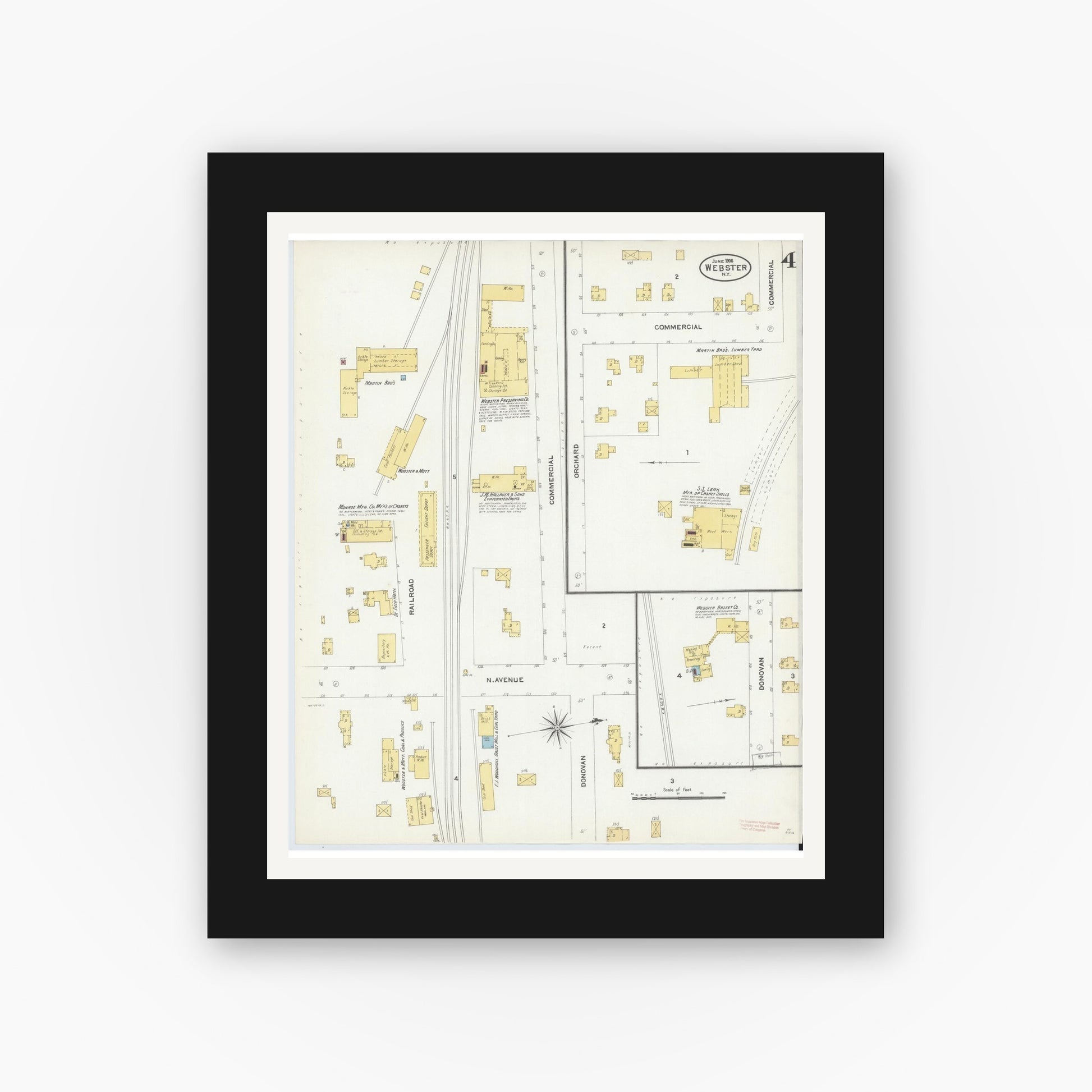 Old map wall art mockup — black gallery frame with white mat — Sanborn Fire Insurance Map from Webster, Monroe County, New York (1906), Sheet #0004