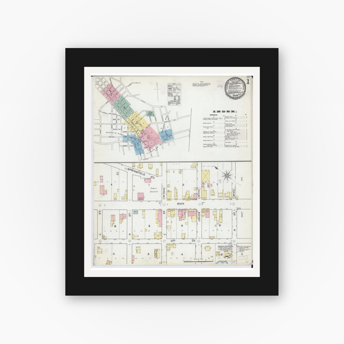 Old map wall art mockup — black gallery frame with white mat — Sanborn Fire Insurance Map from Edwardsville, Madison County, Illinois (1892), Sheet #0001
