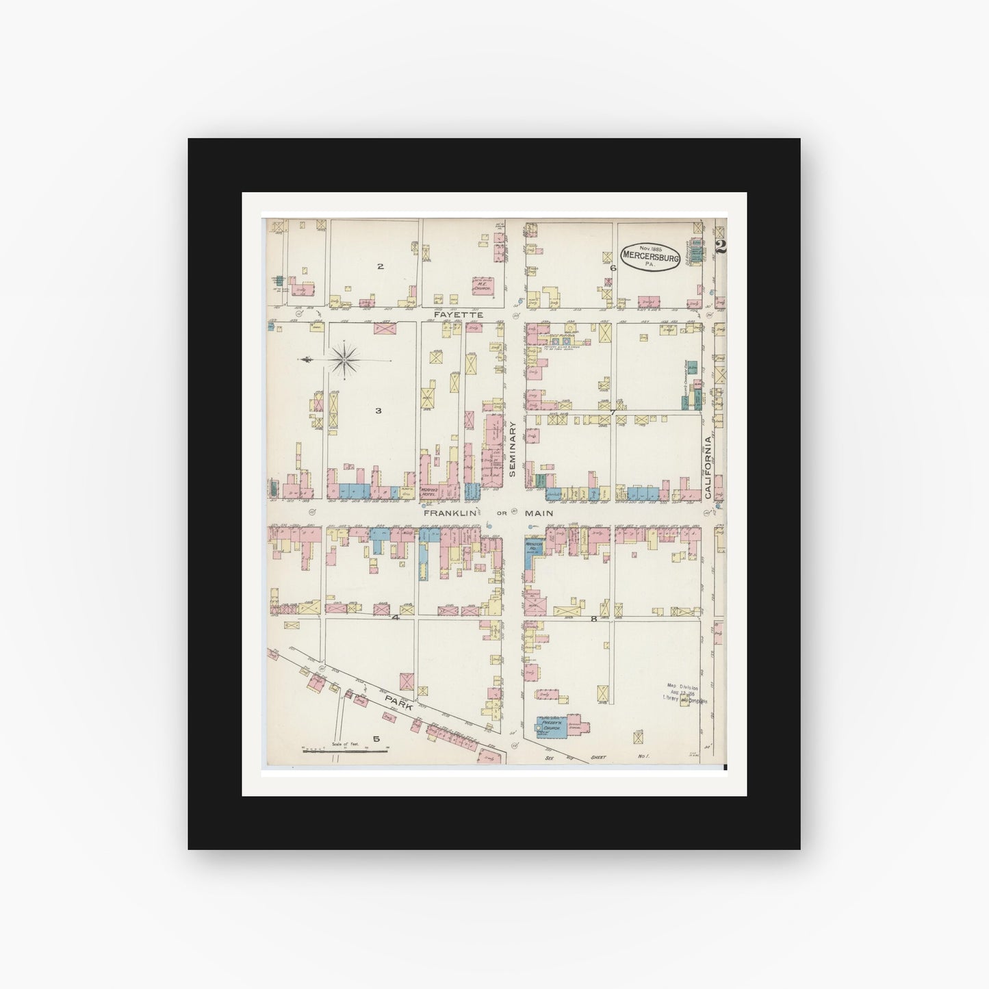 Old map wall art mockup — black gallery frame with white mat — Sanborn Fire Insurance Map from Mercersburg, Franklin County, Pennsylvania (1885), Sheet #0002