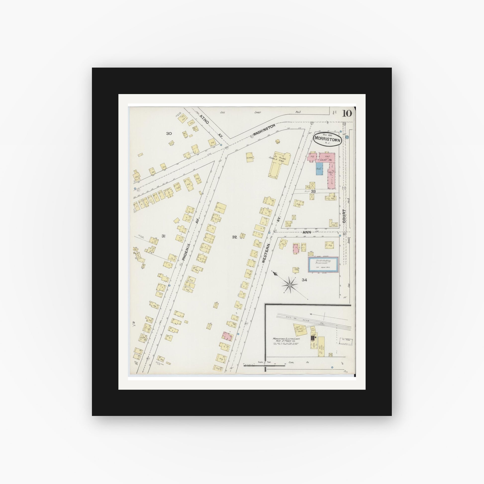 Old map wall art mockup — black gallery frame with white mat — Sanborn Fire Insurance Map from Morristown, Morris County, New Jersey (1890), Sheet #0010