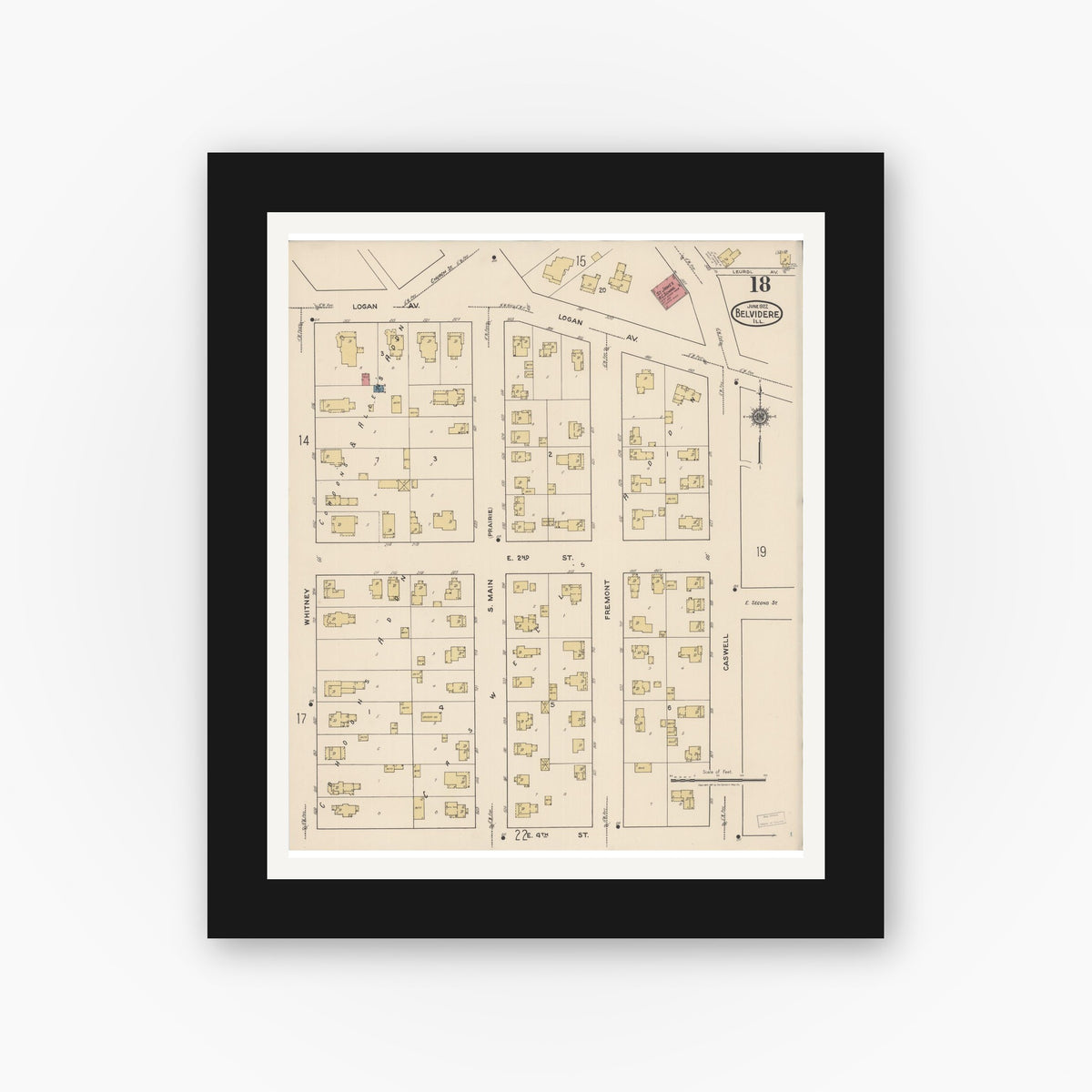 Old map wall art mockup — black gallery frame with white mat — Sanborn Fire Insurance Map from Belvidere, Boone County, Illinois (1922), Sheet #0018