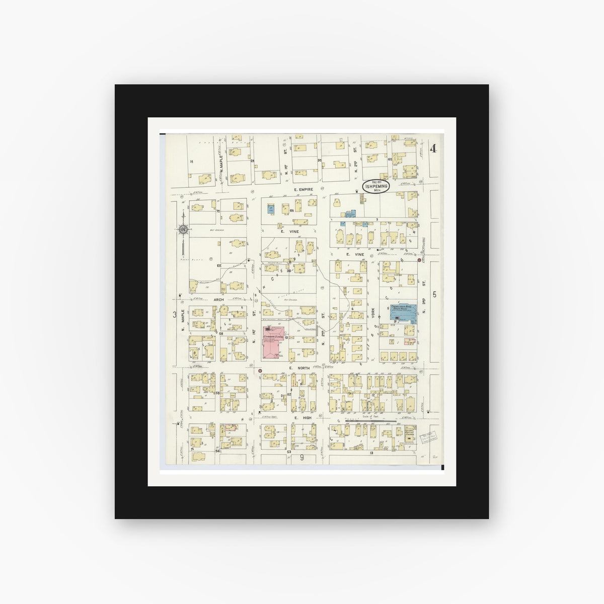 Old map wall art mockup — black gallery frame with white mat — Sanborn Fire Insurance Map from Ishpeming, Marquette County, Michigan (1911), Sheet #0004