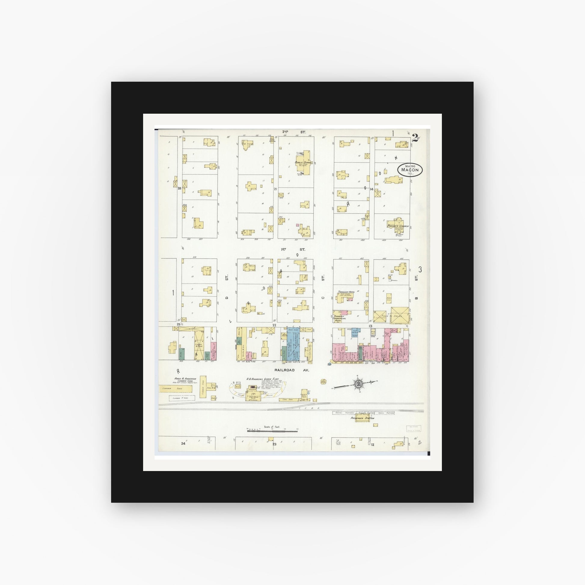 Old map wall art mockup — black gallery frame with white mat — Sanborn Fire Insurance Map from Macon, Macon County, Illinois (1910), Sheet #0002