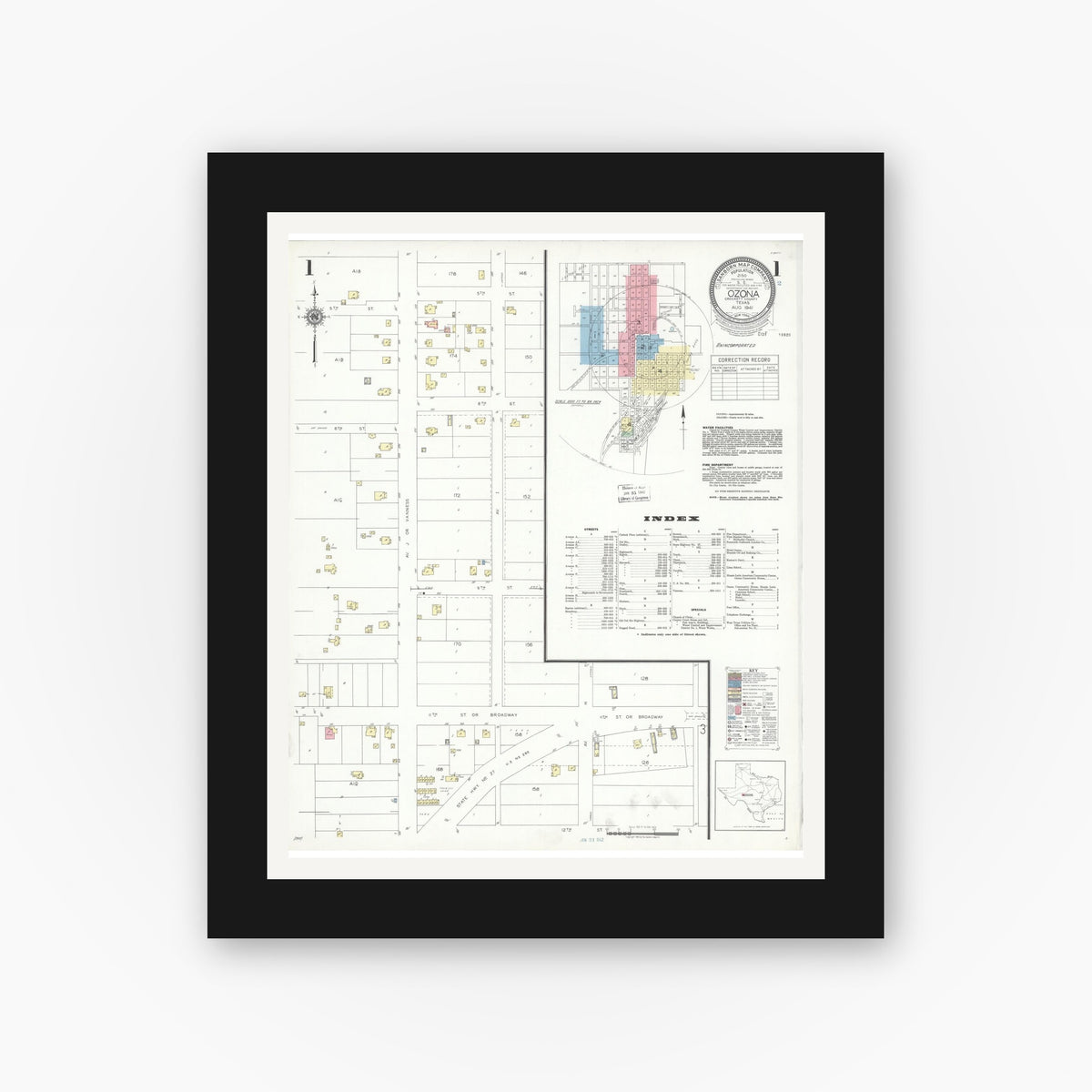 Old map wall art mockup — black gallery frame with white mat — Sanborn Fire Insurance Map from Ozona, Crockett County, Texas (1941), Sheet #0001