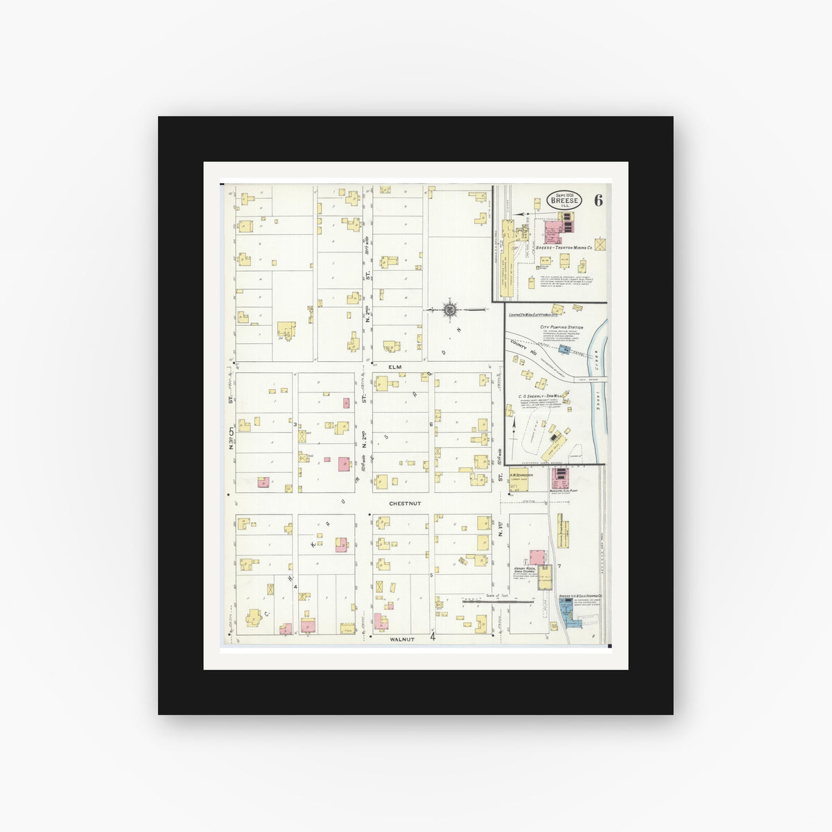 Old map wall art mockup — black gallery frame with white mat — Sanborn Fire Insurance Map from Breese, Clinton County, Illinois (1909), Sheet #0006