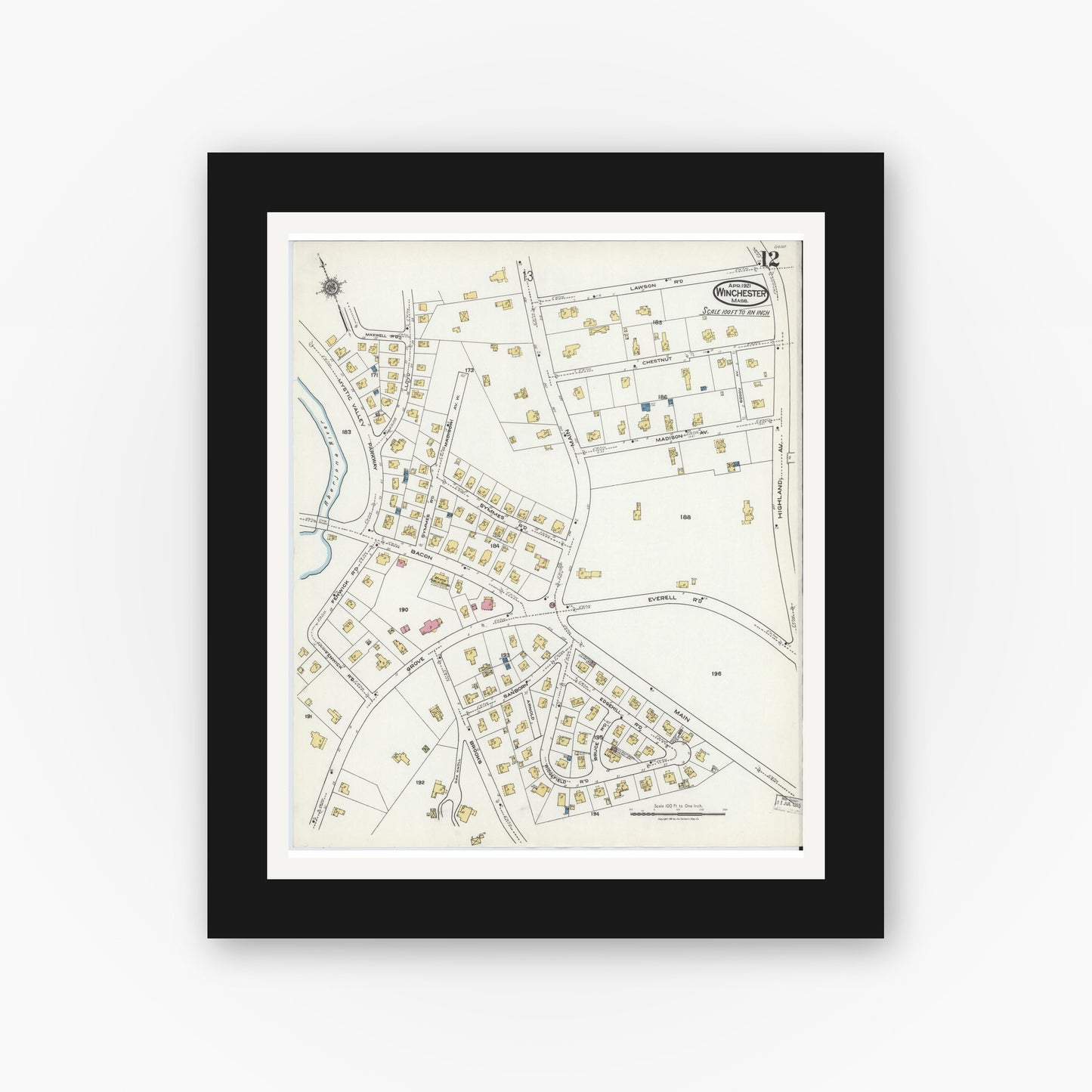 Old map wall art mockup — black gallery frame with white mat — Sanborn Fire Insurance Map from Winchester, Middlesex County, Massachusetts (1921), Sheet #0012