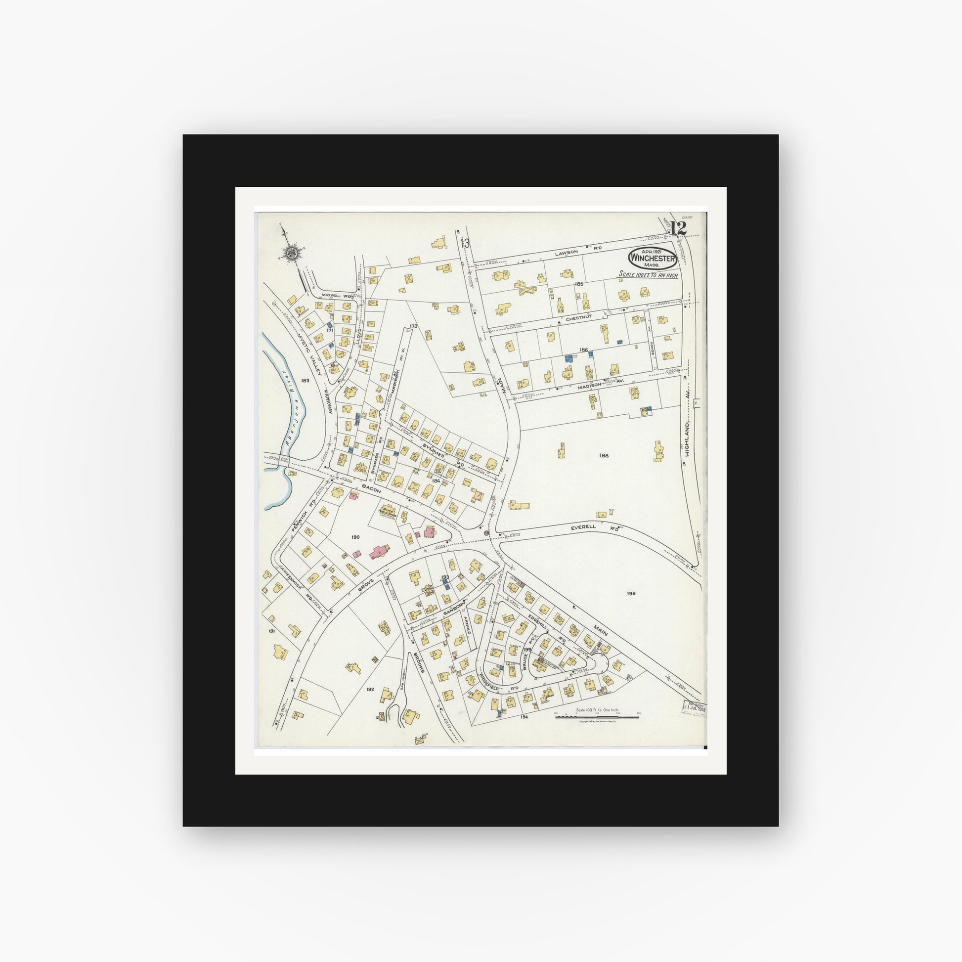 Old map wall art mockup — black gallery frame with white mat — Sanborn Fire Insurance Map from Winchester, Middlesex County, Massachusetts (1921), Sheet #0012