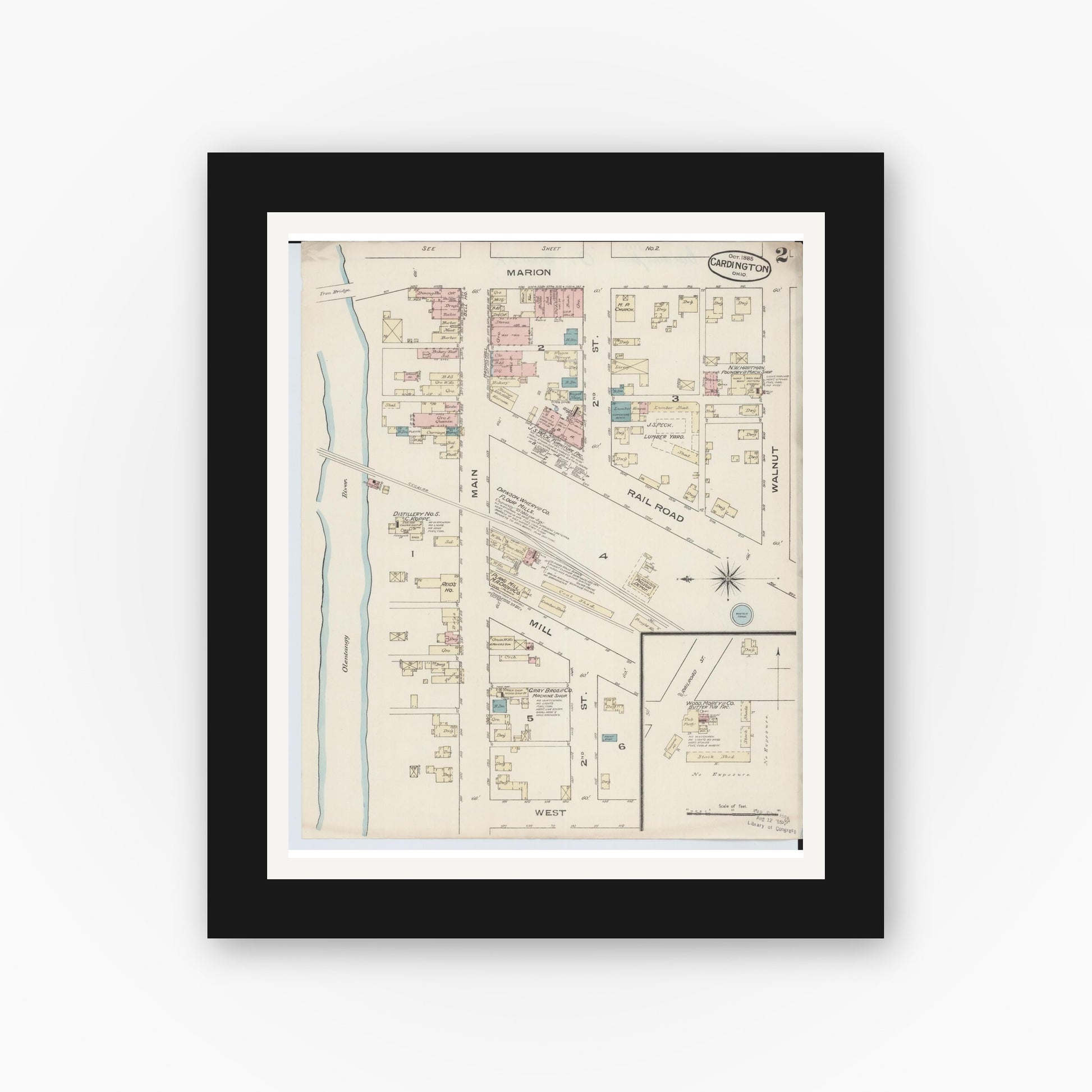 Old map wall art mockup — black gallery frame with white mat — Sanborn Fire Insurance Map from Cardington, Morrow County, Ohio (1885), Sheet #0002