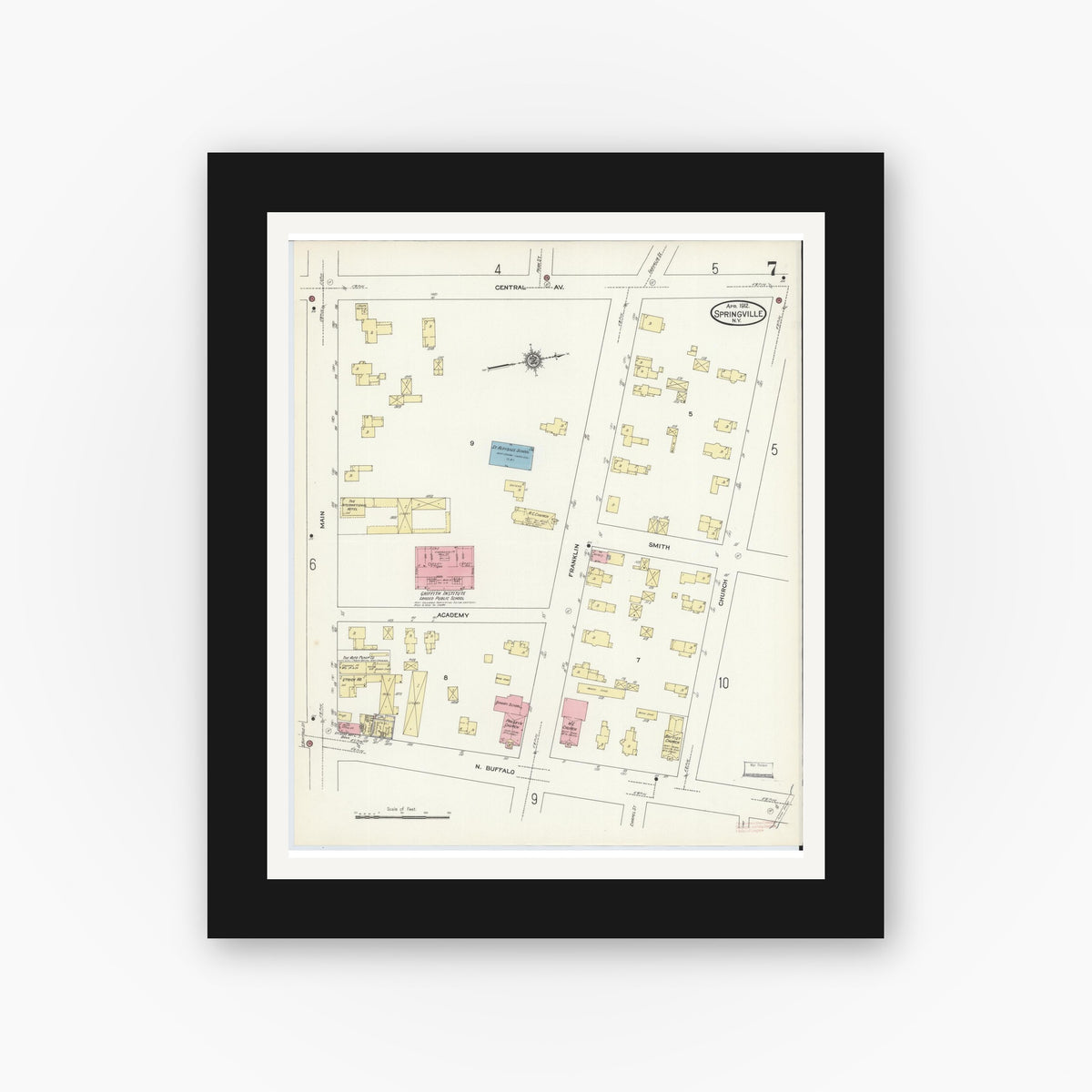 Old map wall art mockup — black gallery frame with white mat — Sanborn Fire Insurance Map from Springville, Erie County, New York (1912), Sheet #0007