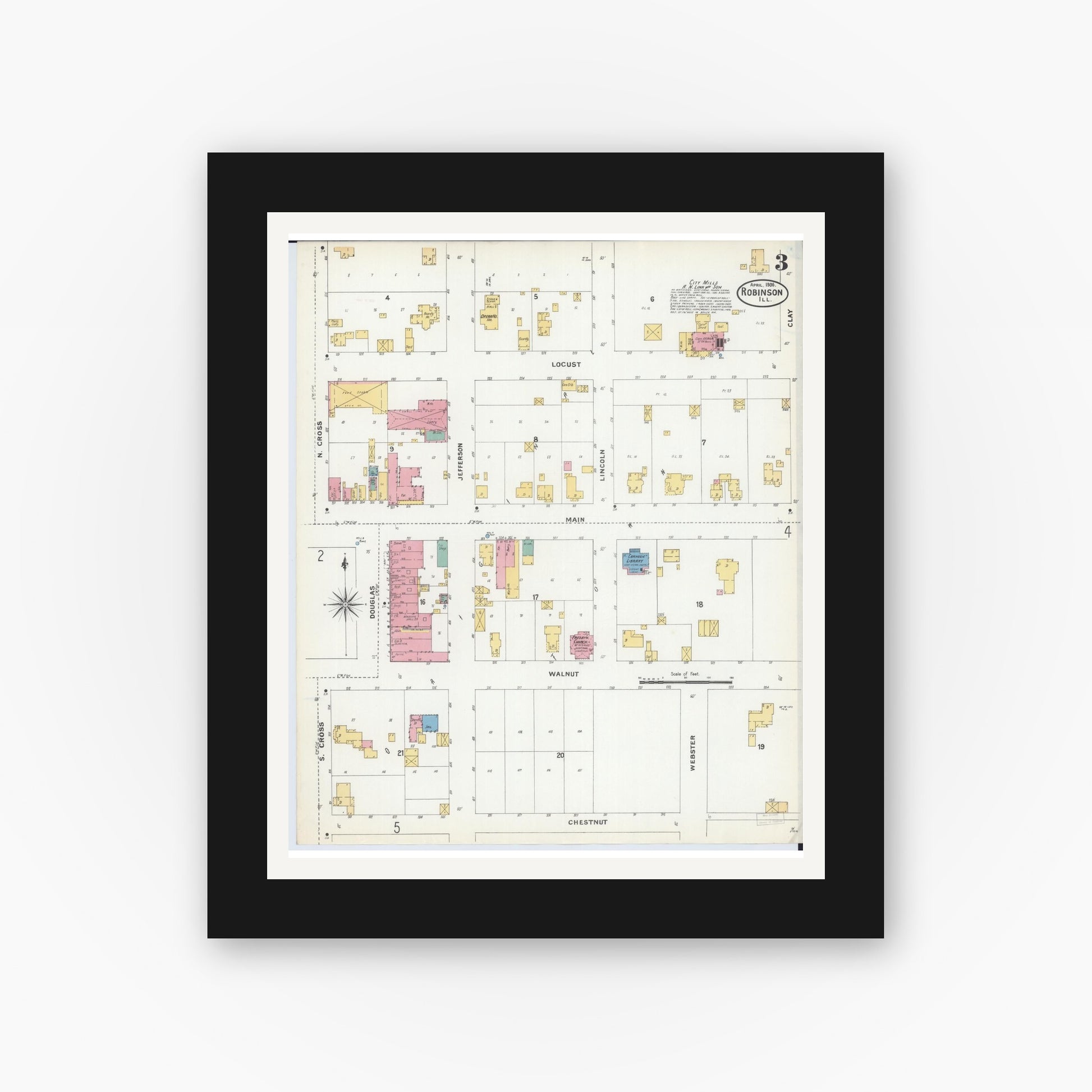 Old map wall art mockup — black gallery frame with white mat — Sanborn Fire Insurance Map from Robinson, Crawford County, Illinois (1906), Sheet #0003