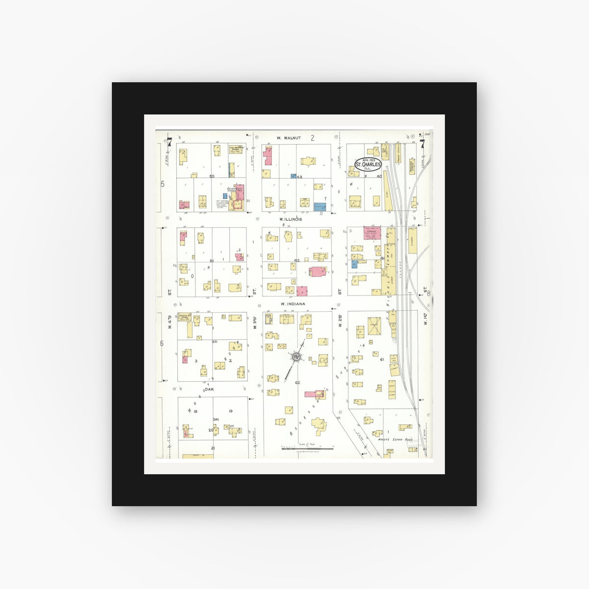 Old map wall art mockup — black gallery frame with white mat — Sanborn Fire Insurance Map from Saint Charles, Kane County, Illinois (1923), Sheet #0007