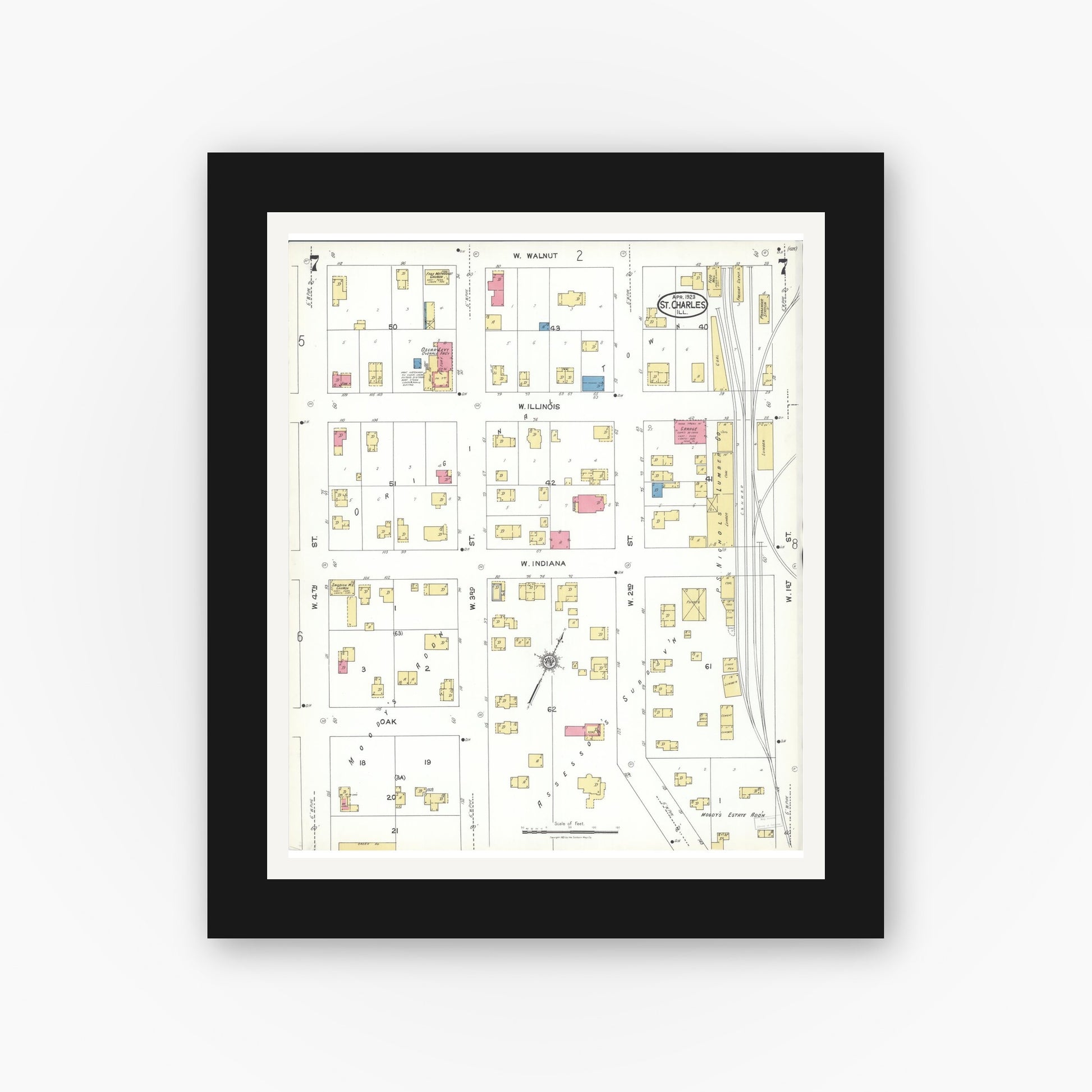 Old map wall art mockup — black gallery frame with white mat — Sanborn Fire Insurance Map from Saint Charles, Kane County, Illinois (1923), Sheet #0007